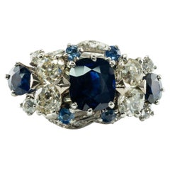 Diamond Sapphire Ring Cluster Vinatge 18K White Gold Estate