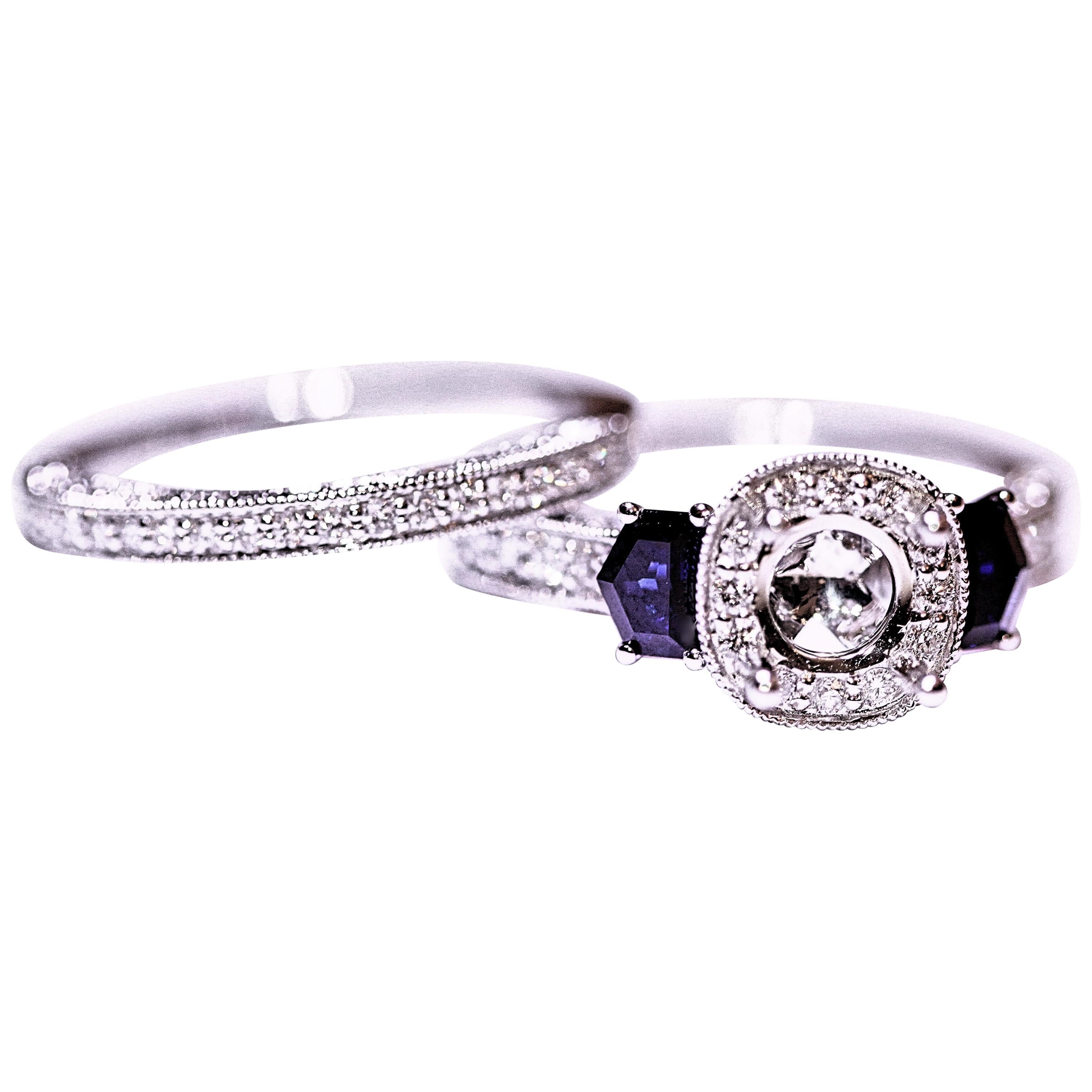 Diamond Sapphire Ring Diamond Wedding Band 18 Karat White Gold 1.20 Carat For Sale