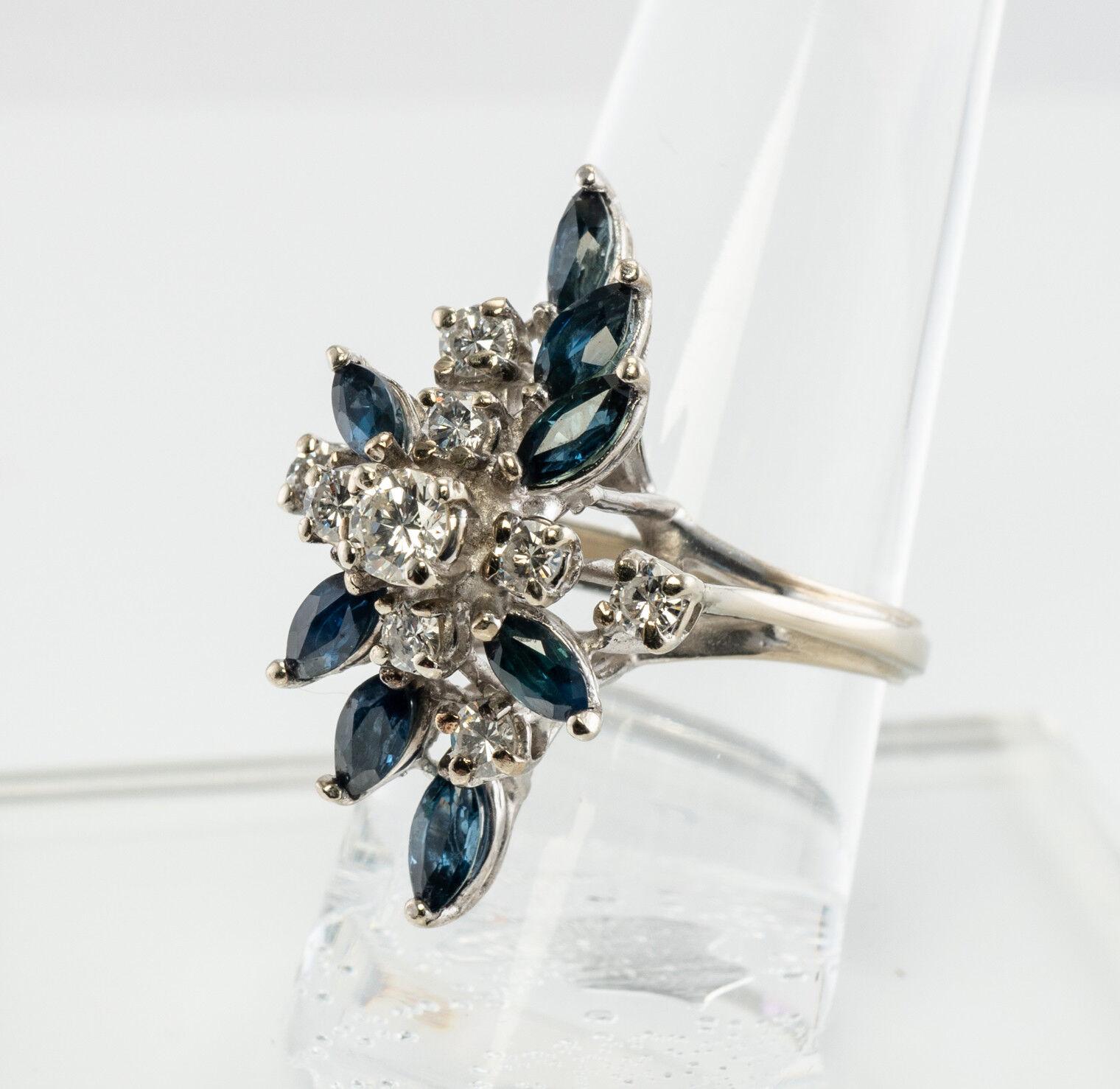 Diamond Sapphire Ring Flower 14K White Gold Vintage For Sale 5