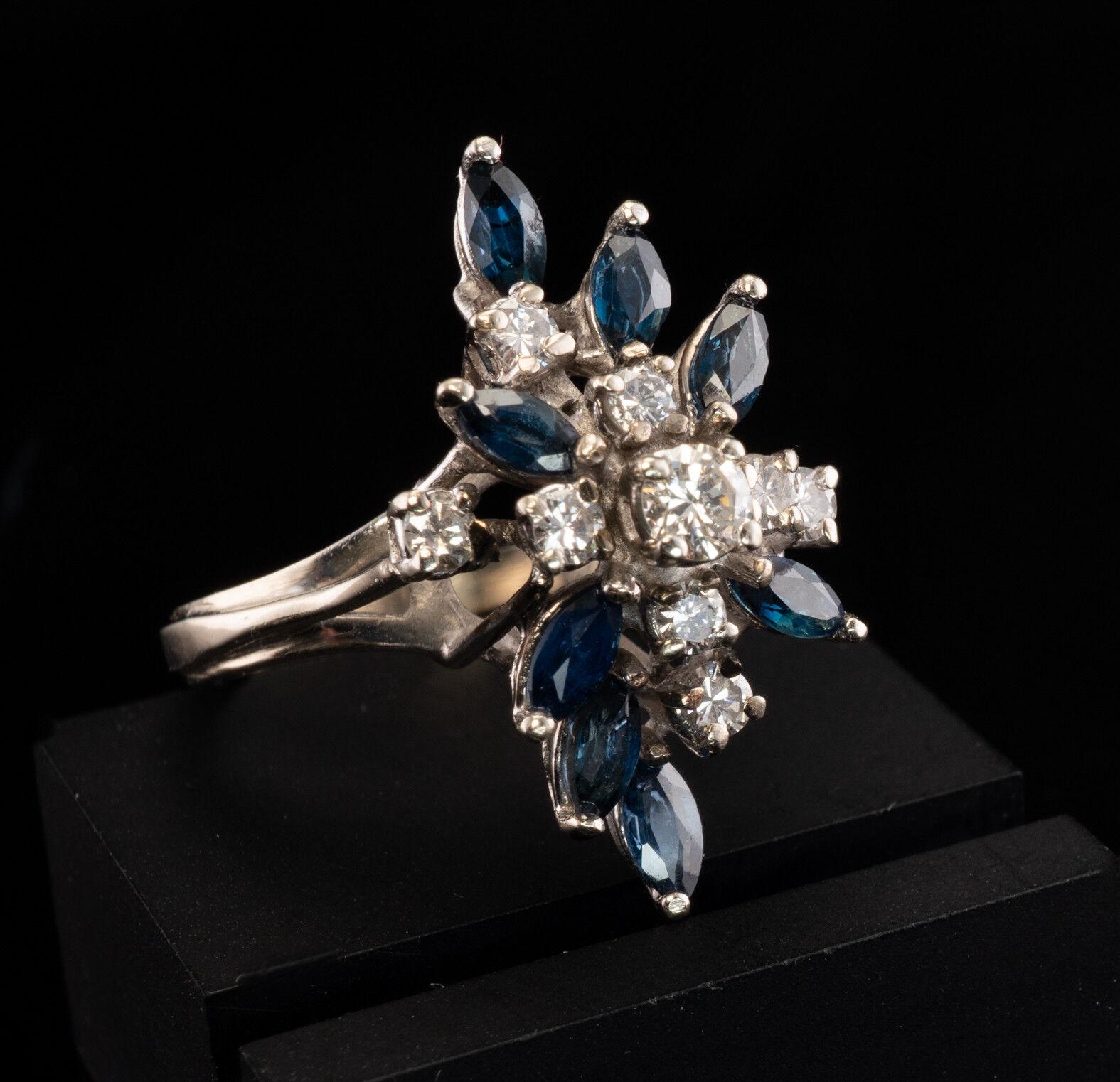 Diamond Sapphire Ring Flower 14K White Gold Vintage For Sale 6