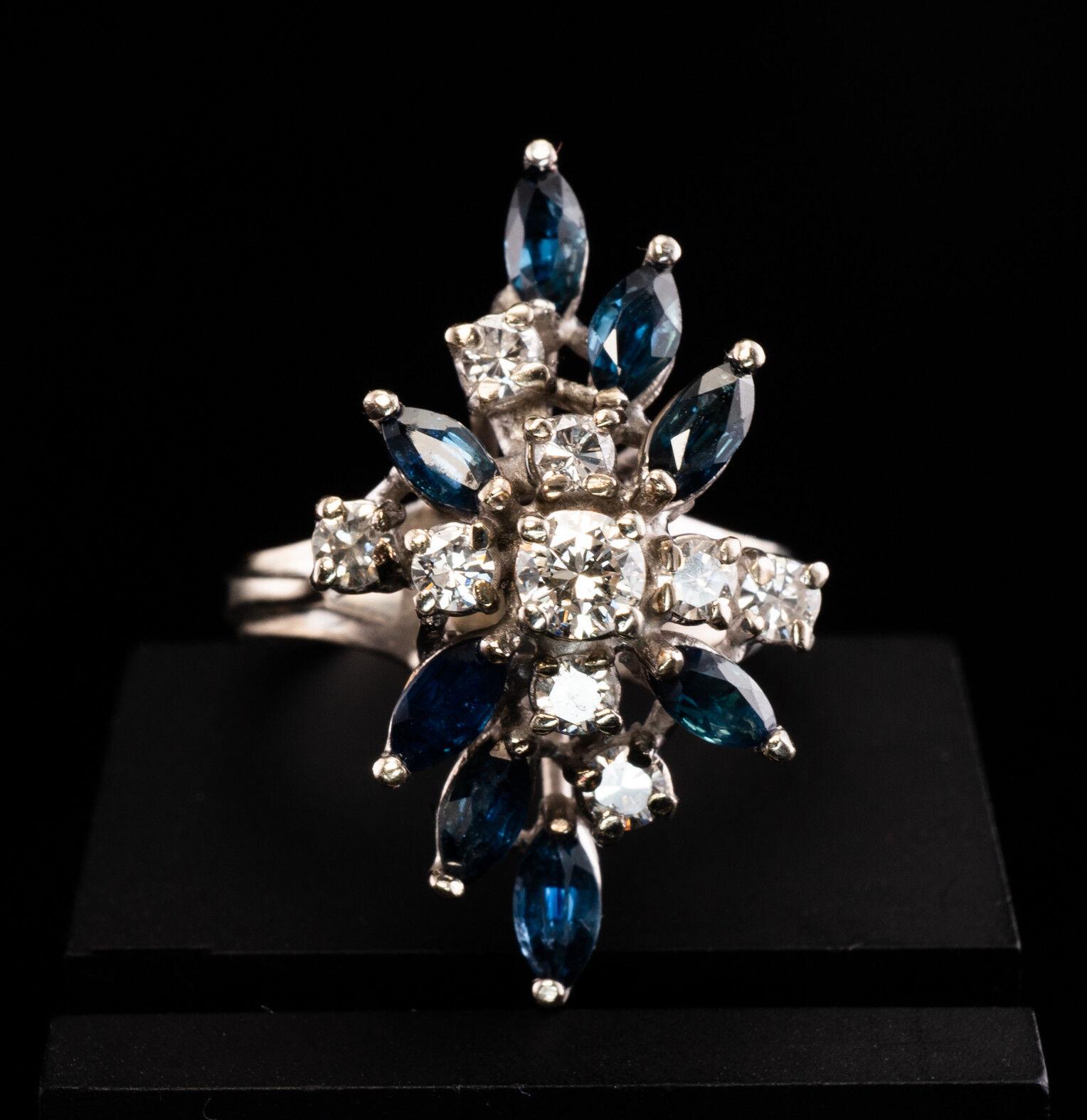 Diamond Sapphire Ring Flower 14K White Gold Vintage In Good Condition For Sale In East Brunswick, NJ
