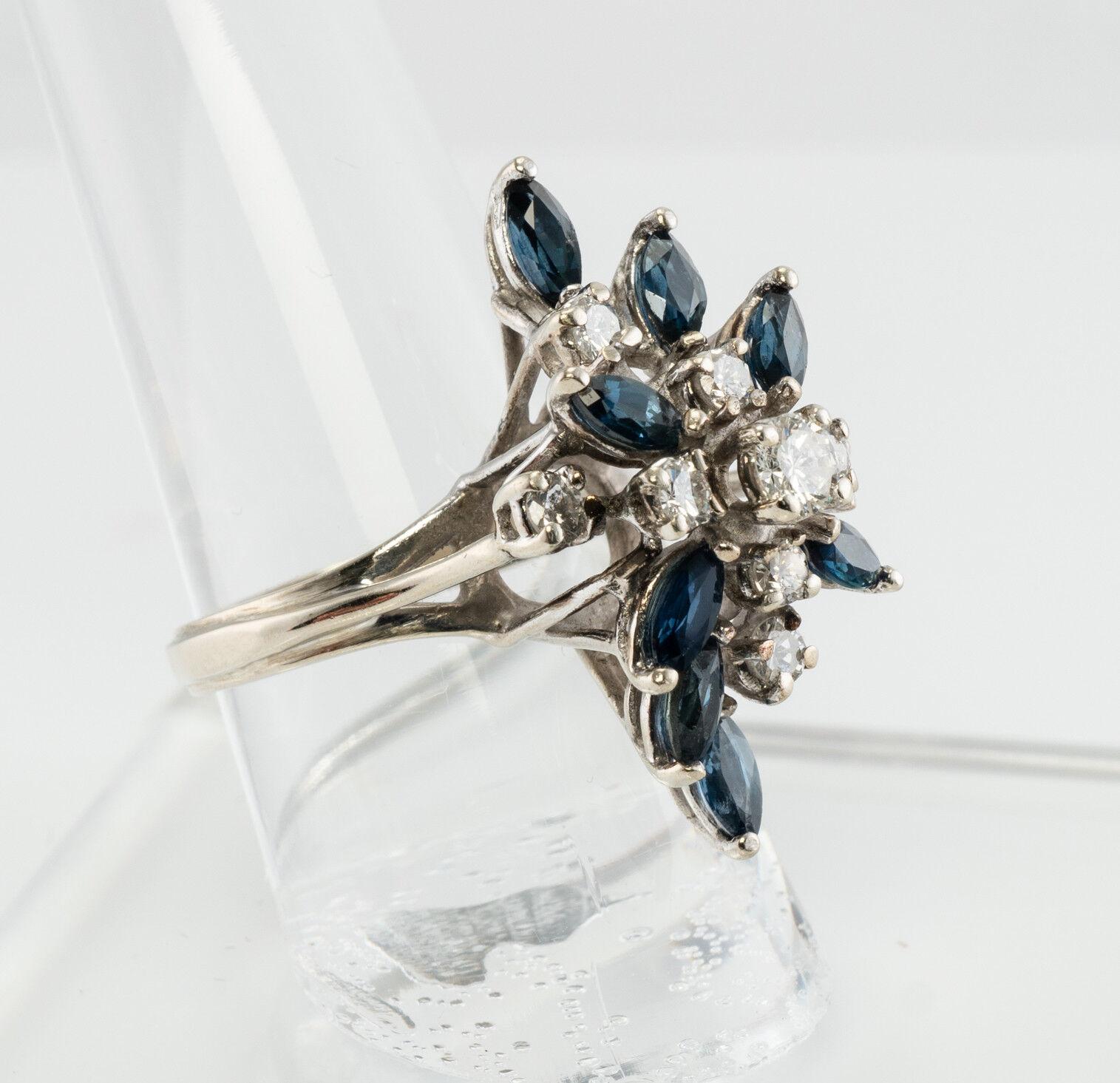 Women's Diamond Sapphire Ring Flower 14K White Gold Vintage For Sale
