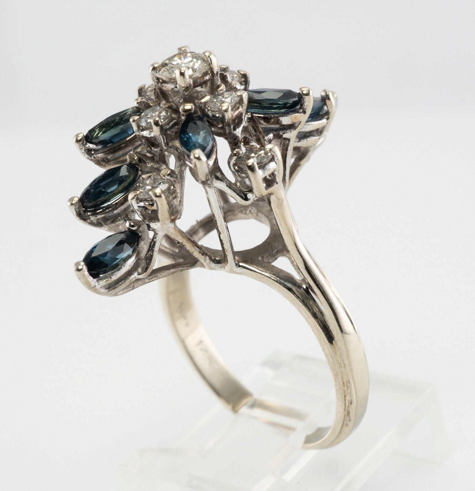 Diamond Sapphire Ring Flower 14K White Gold Vintage For Sale 2