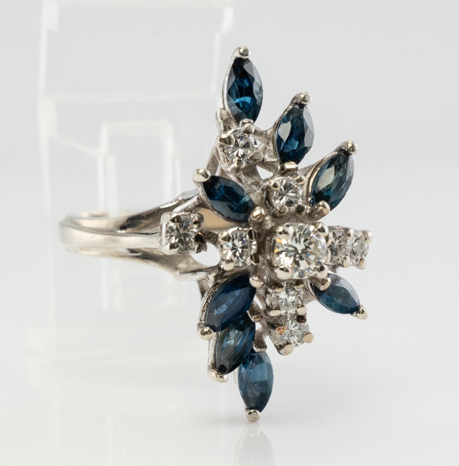 Diamond Sapphire Ring Flower 14K White Gold Vintage For Sale 3