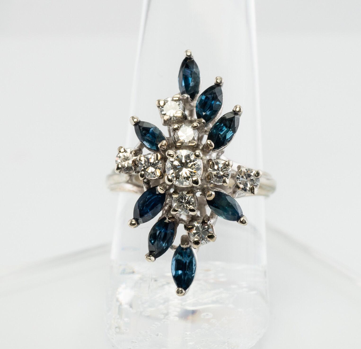 Diamond Sapphire Ring Flower 14K White Gold Vintage For Sale 4