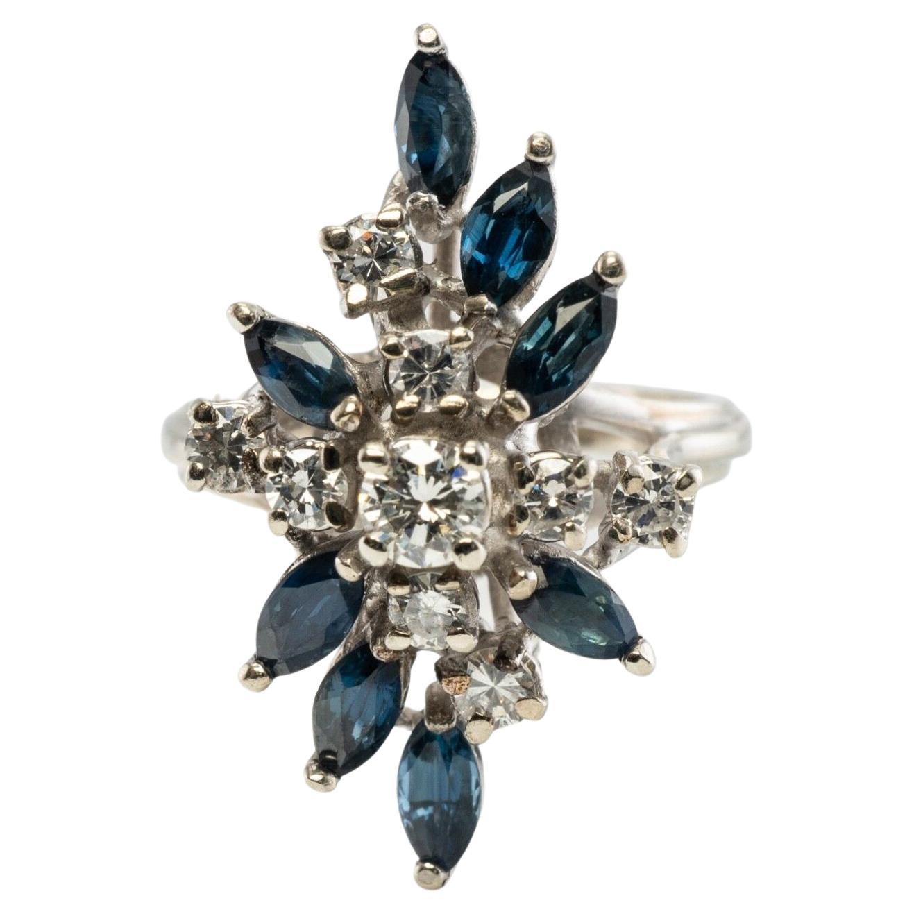 Diamond Sapphire Ring Flower 14K White Gold Vintage For Sale