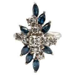 Diamond Sapphire Ring Flower 14K White Gold Retro