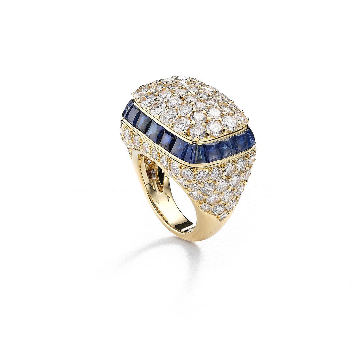 Ring in 18kt yellow gold set with diamond and sapphires Size 53