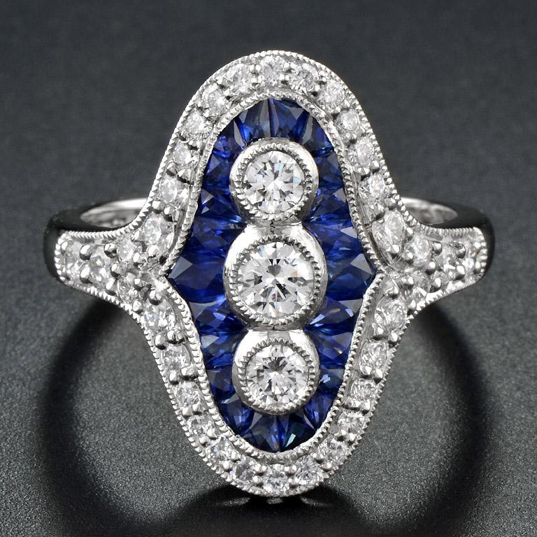 Art Deco Diamond and French Cut Sapphire Three Stone Ring in Platinum950 For Sale