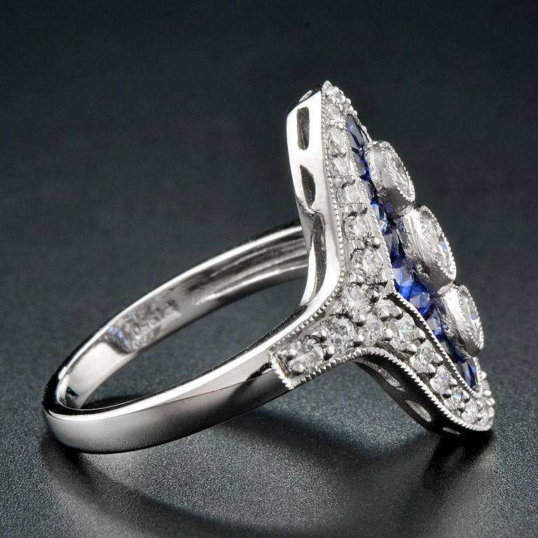 Women's or Men's Diamond and French Cut Sapphire Three Stone Ring in Platinum950 For Sale