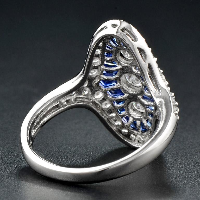 Diamond and French Cut Sapphire Three Stone Ring in Platinum950 For Sale 1