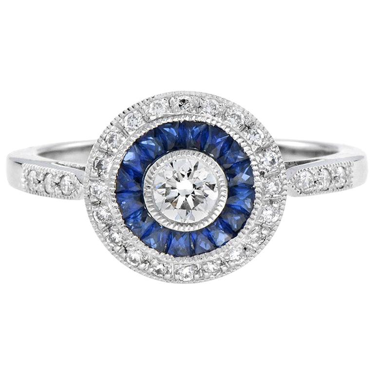 Art Deco Style Diamond with Sapphire Engagement Ring in Platinum950