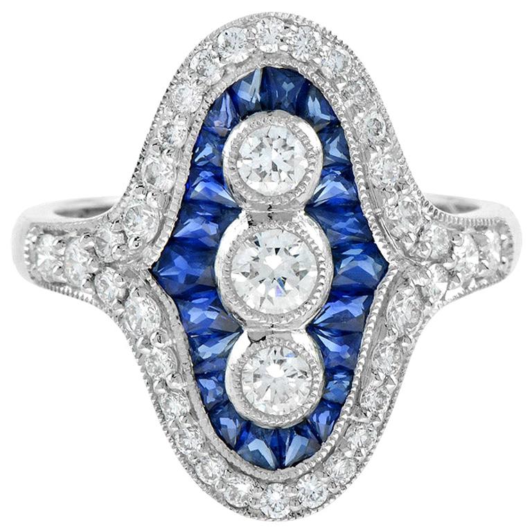 Diamond and French Cut Sapphire Three Stone Ring in Platinum950 For Sale