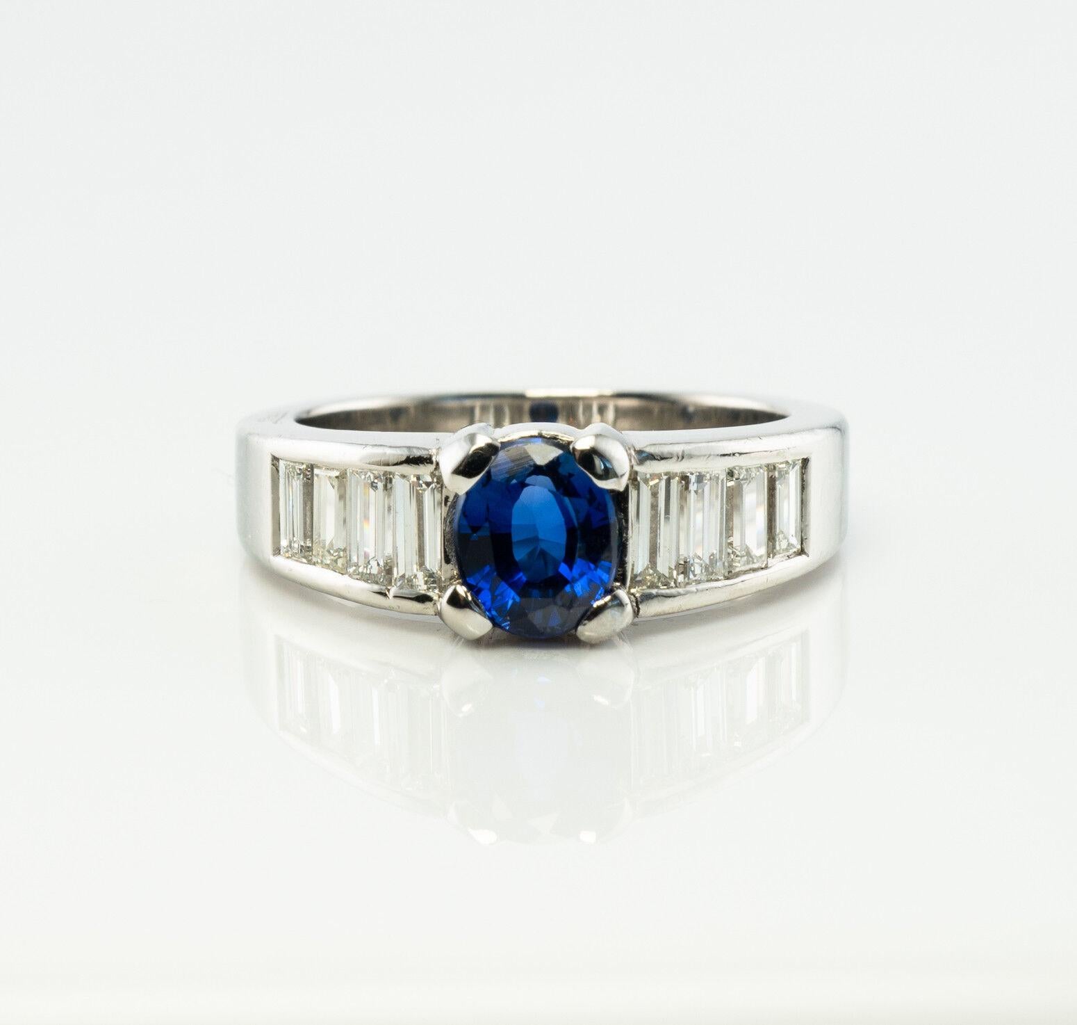 This absolutely stunning designer ring is finely crafted in Platinum (stamped) and also there is a Hallmark on the Gallery (please see the picture of hallmark). The center genuine Earth mined Sapphire measures 6.2mm x 5.5mm (1.06 carat). This is a