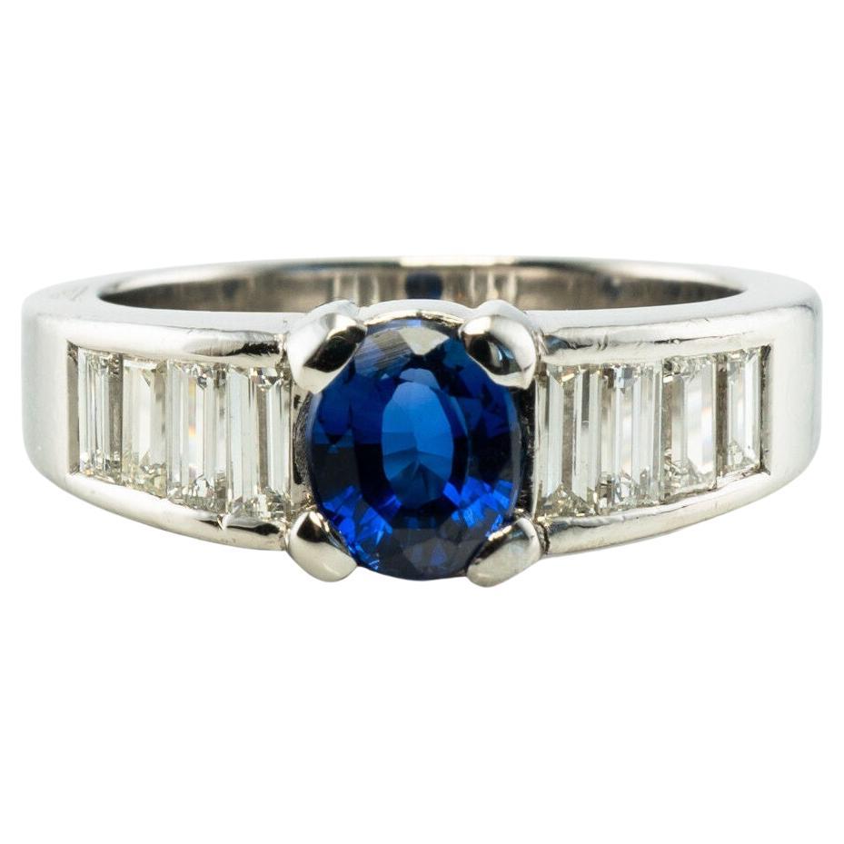 Diamond Sapphire Ring Platinum Band Vintage by L.Prals For Sale