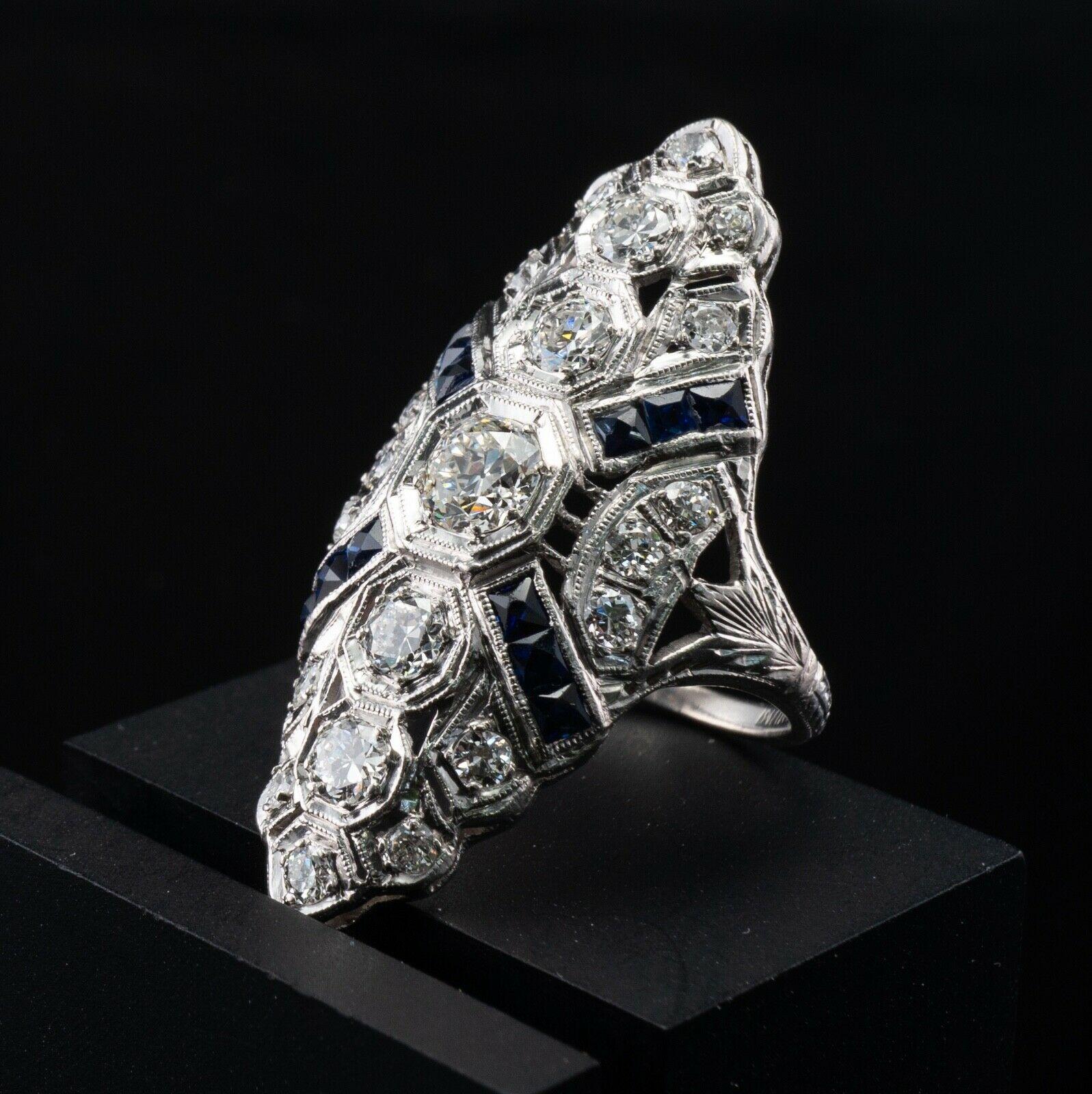 Diamond Sapphire Ring Platinum Edwardian Antique C.1910s European Cut In Good Condition For Sale In East Brunswick, NJ