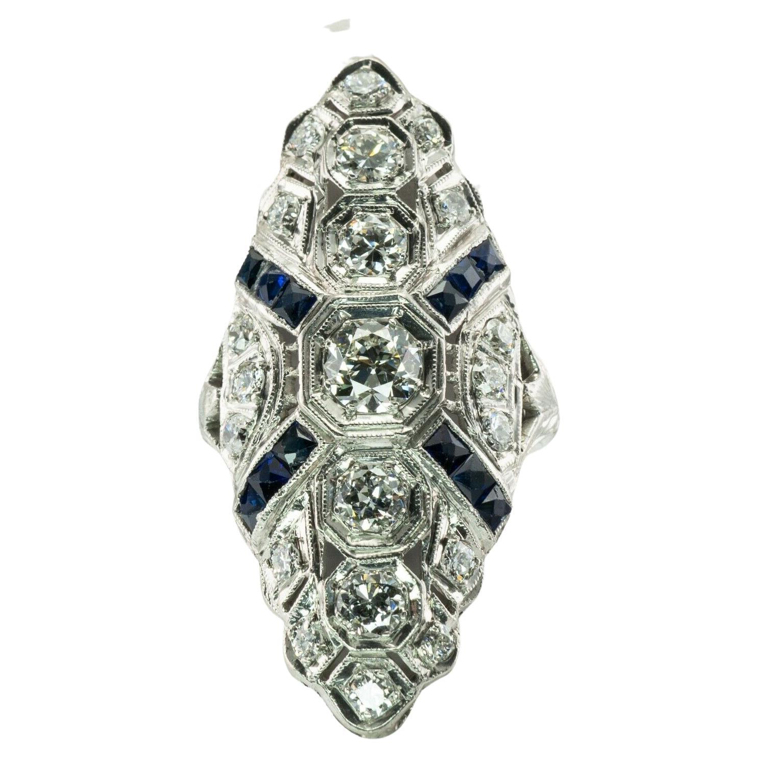 Diamond Sapphire Ring Platinum Edwardian Antique C.1910s European Cut For Sale