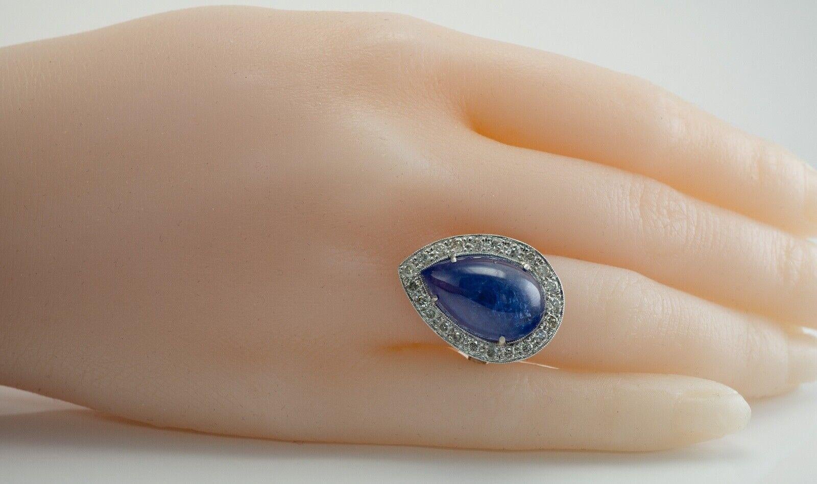 Diamond Sapphire Ring Teardrop Cabochon Vintage Platinum Cocktail For Sale 5