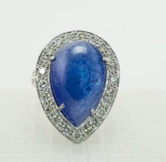 Diamond Sapphire Ring Teardrop Cabochon Vintage Platinum Cocktail