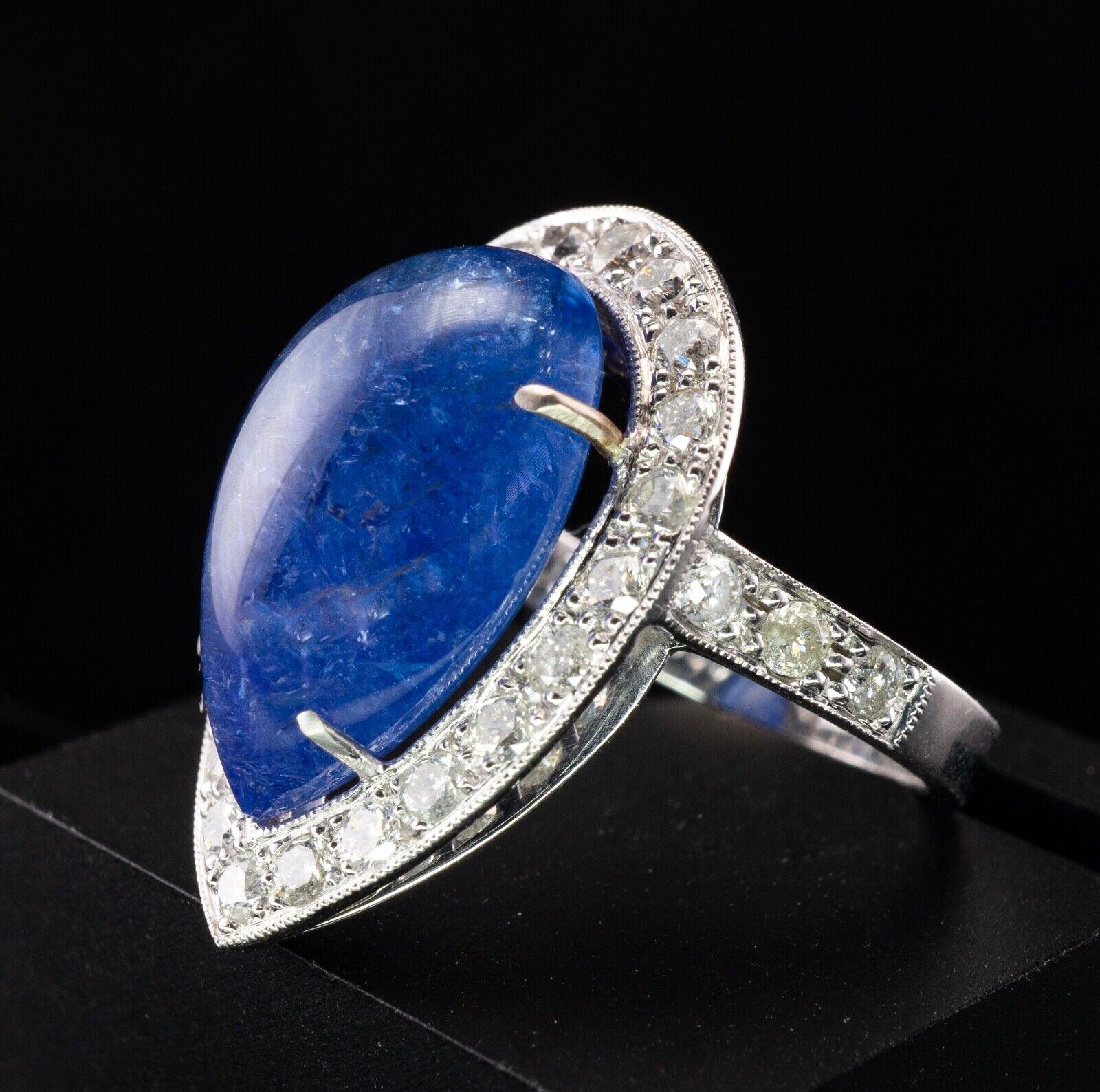Diamond Sapphire Ring Teardrop Cabochon Vintage Platinum Cocktail In Good Condition For Sale In East Brunswick, NJ