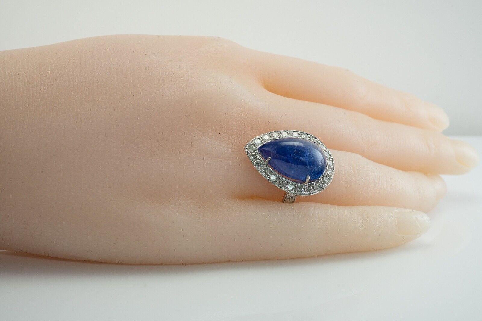 Diamond Sapphire Ring Teardrop Cabochon Vintage Platinum Cocktail For Sale 2