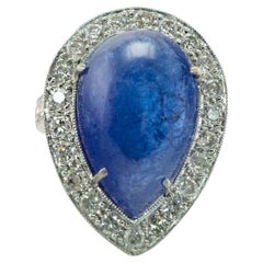 Diamond Sapphire Ring Teardrop Cabochon Vintage Platinum Cocktail