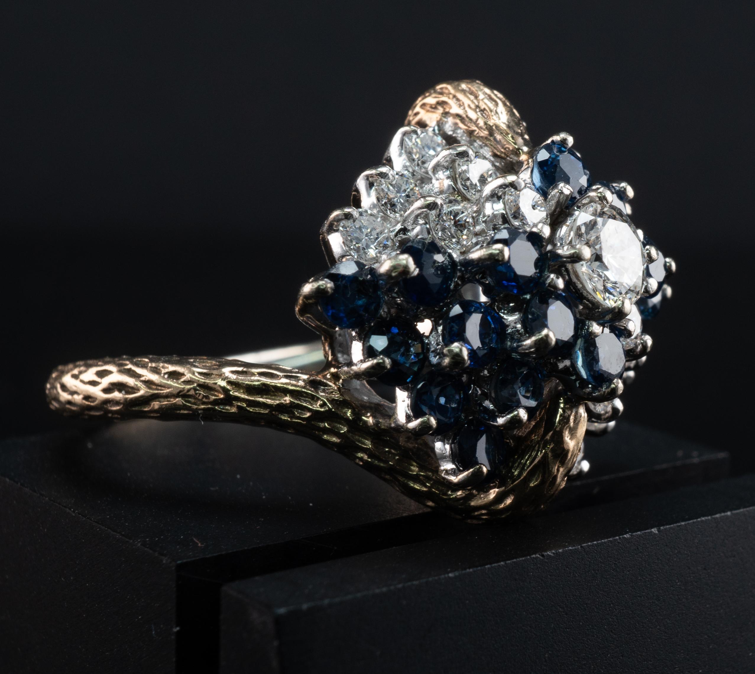 Diamond Sapphire Ring Vintage Floral 14K Gold Band Cluster For Sale 4