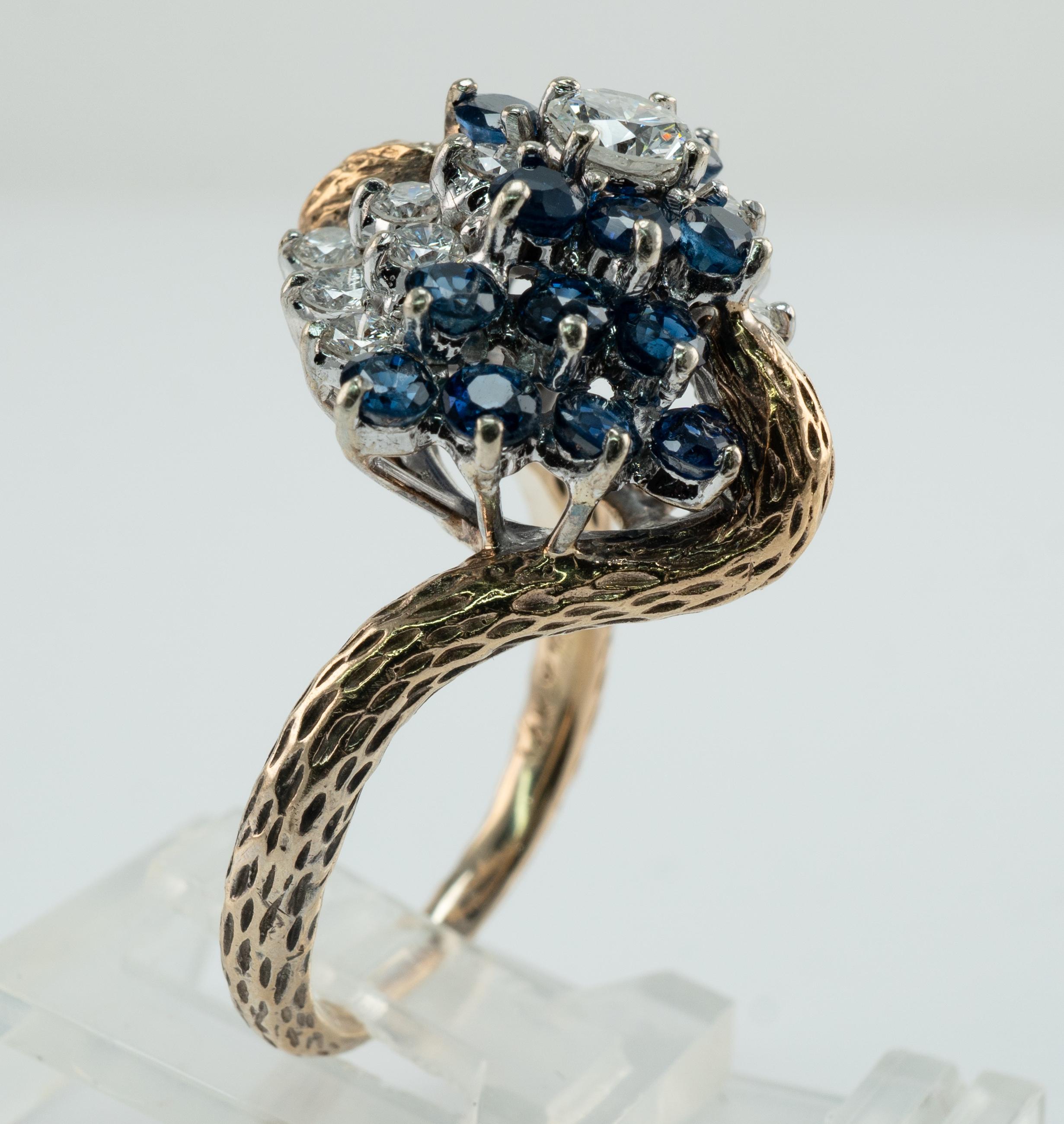 Diamond Sapphire Ring Vintage Floral 14K Gold Band Cluster For Sale 5