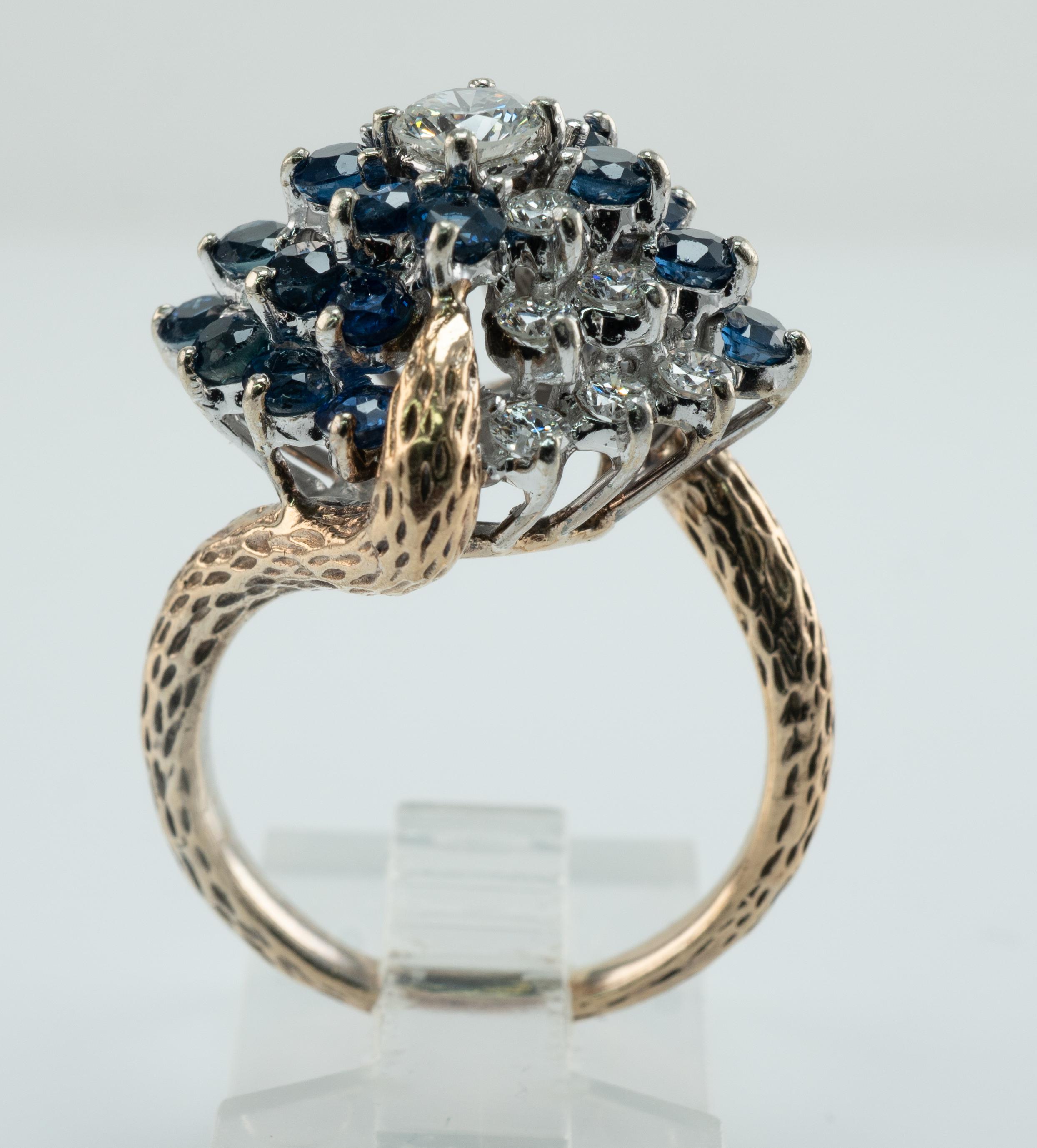 Diamond Sapphire Ring Vintage Floral 14K Gold Band Cluster For Sale 6