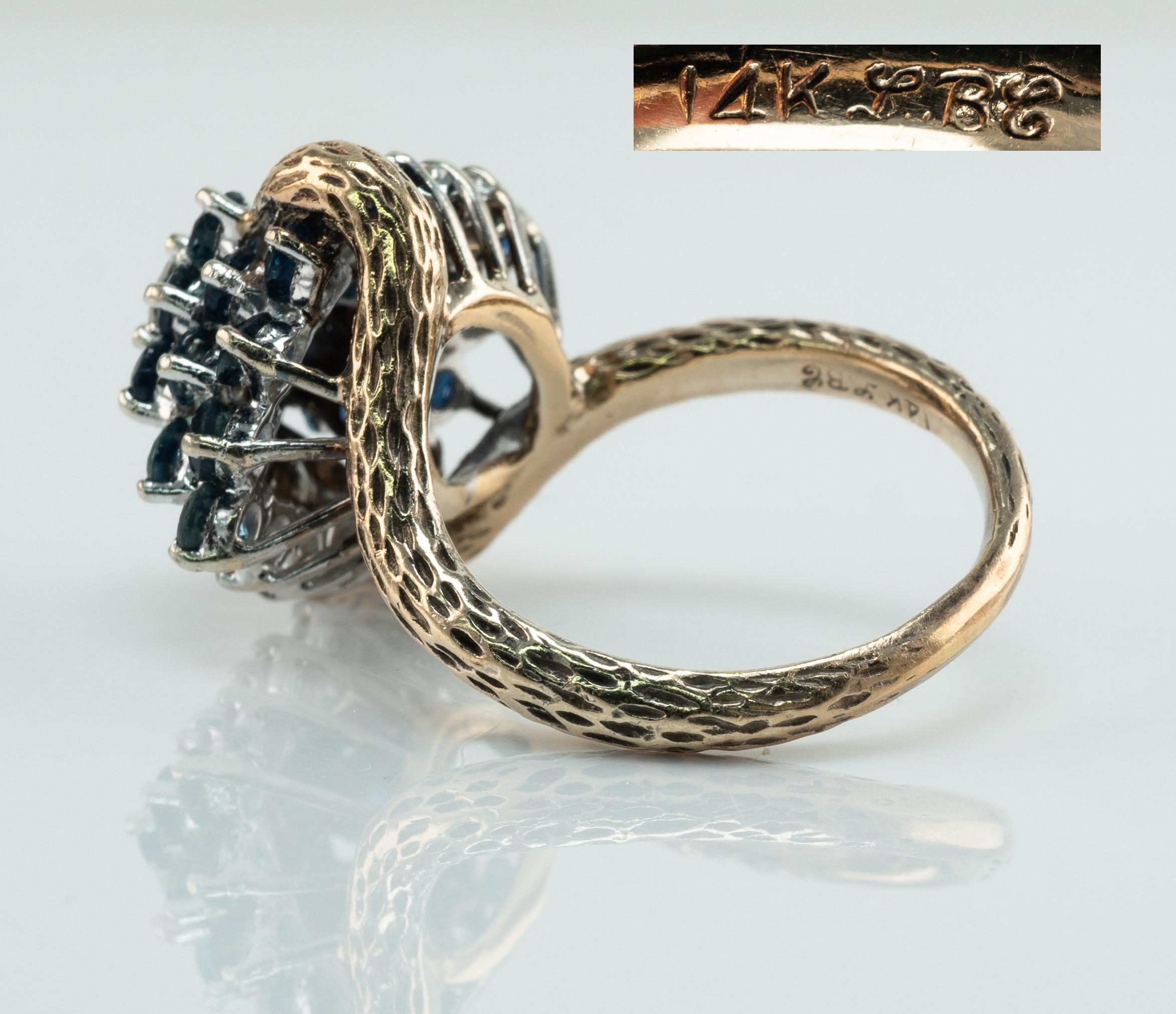 Diamant-Saphir-Ring Vintage 14K Goldband-Cluster mit Blumenmuster im Zustand „Relativ gut“ im Angebot in East Brunswick, NJ