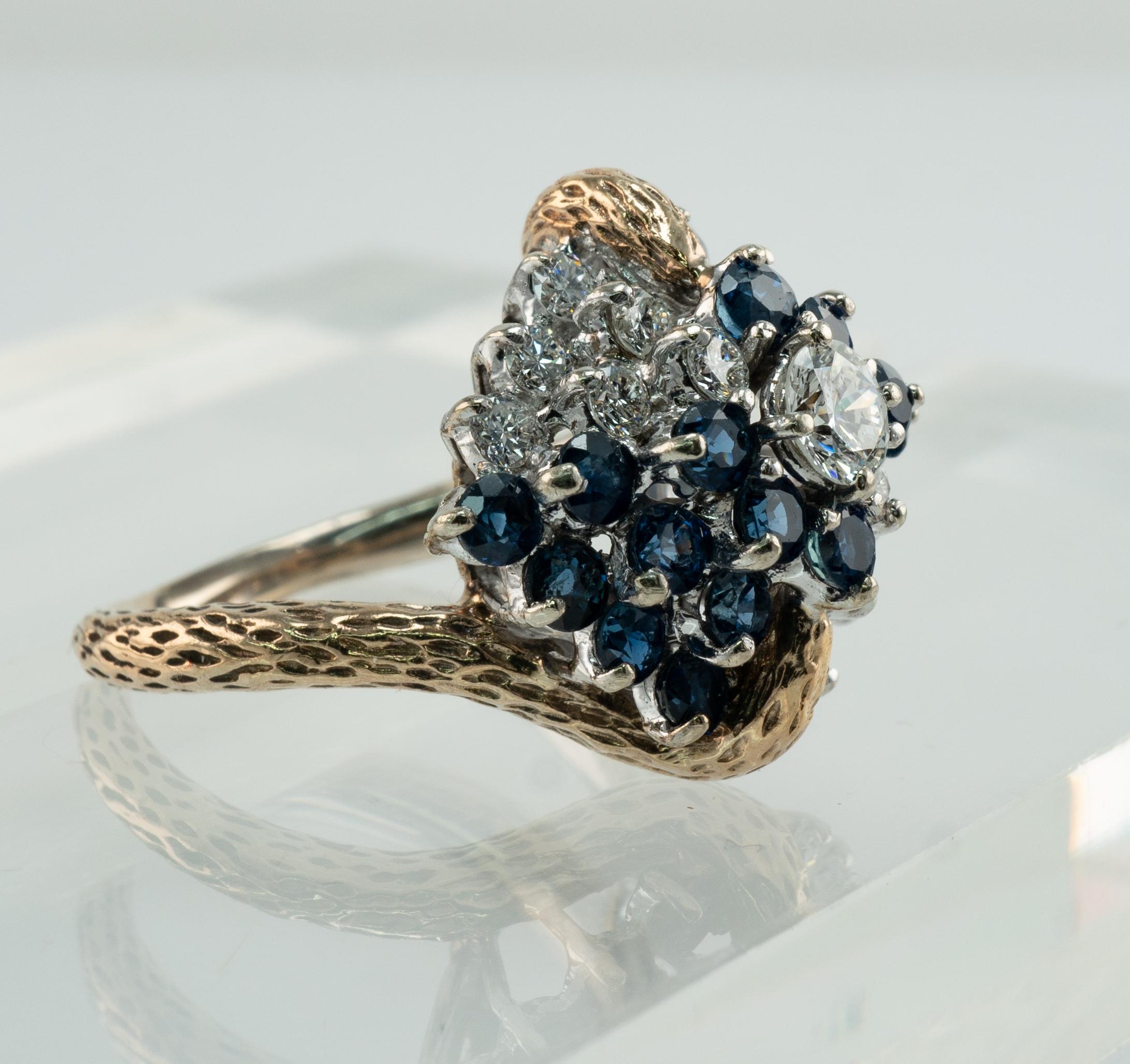 Diamant-Saphir-Ring Vintage 14K Goldband-Cluster mit Blumenmuster Damen im Angebot