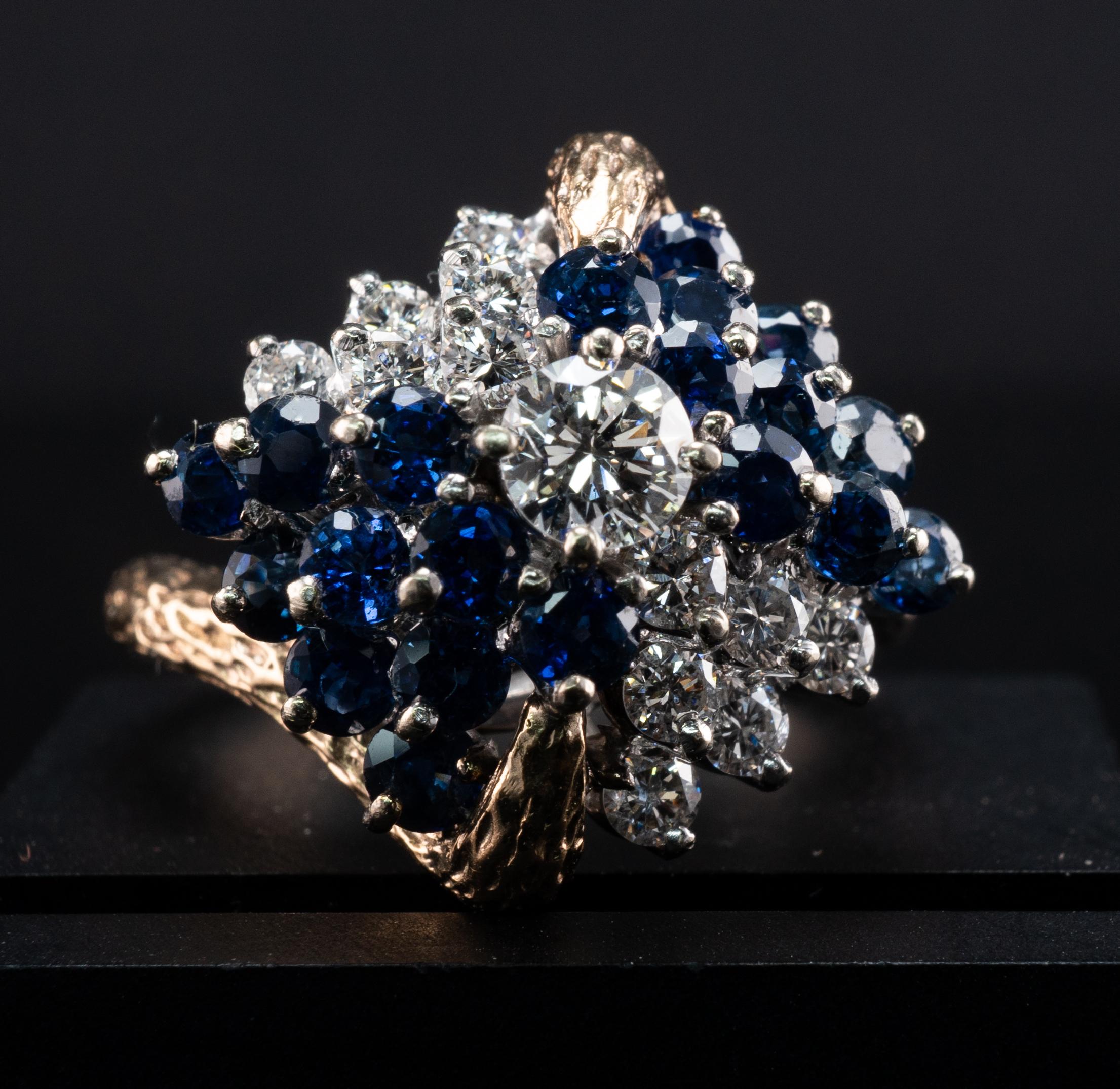 Diamond Sapphire Ring Vintage Floral 14K Gold Band Cluster For Sale 1
