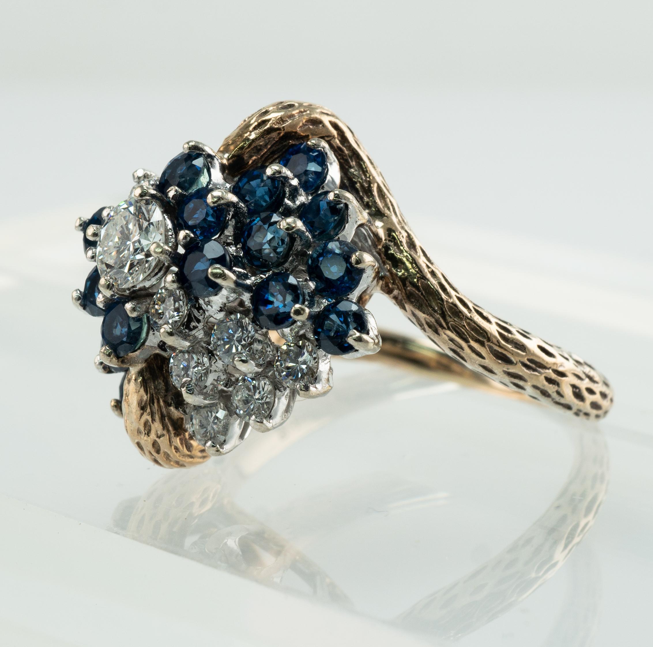 Diamond Sapphire Ring Vintage Floral 14K Gold Band Cluster For Sale 3