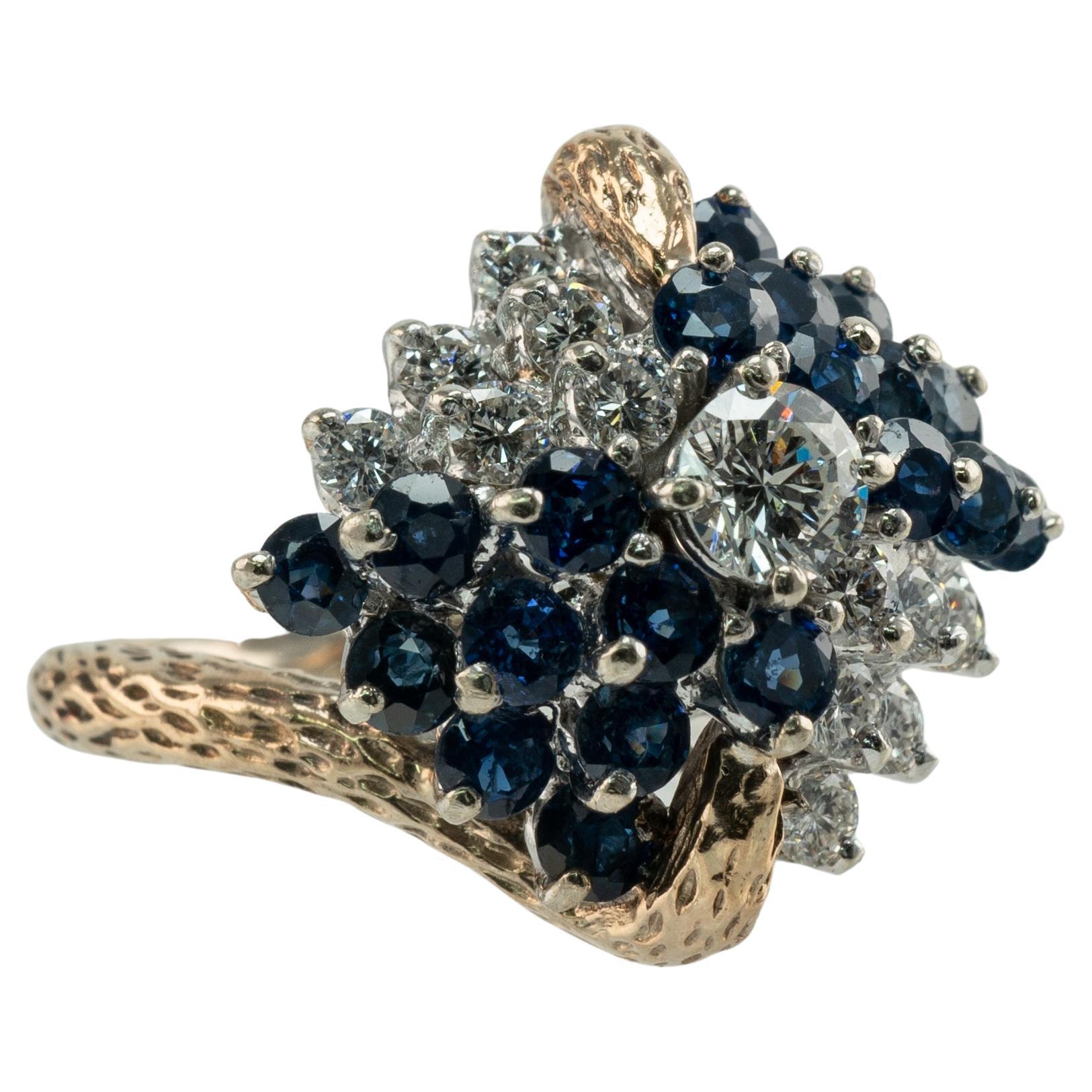 Diamond Sapphire Ring Vintage Floral 14K Gold Band Cluster For Sale