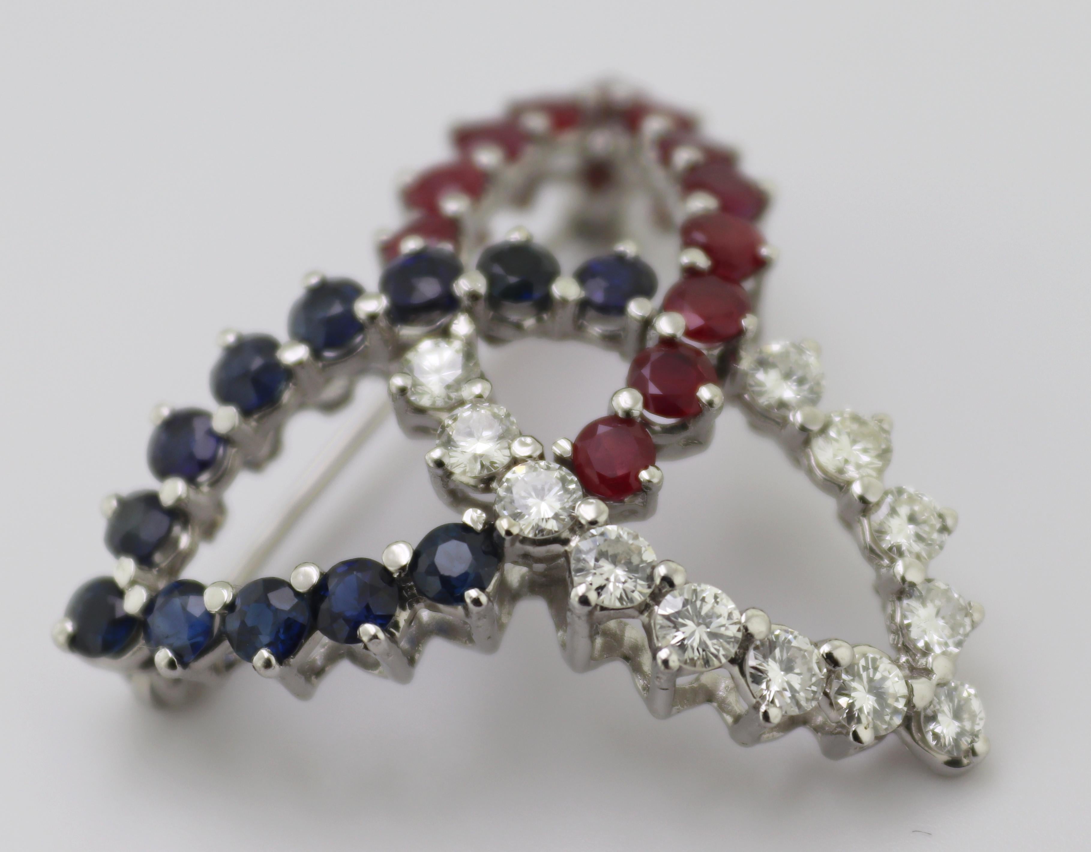 Diamond, Sapphire, Ruby, 10K White Gold Trinity Knot Brooch In Good Condition For Sale In Pleasant Hill, CA