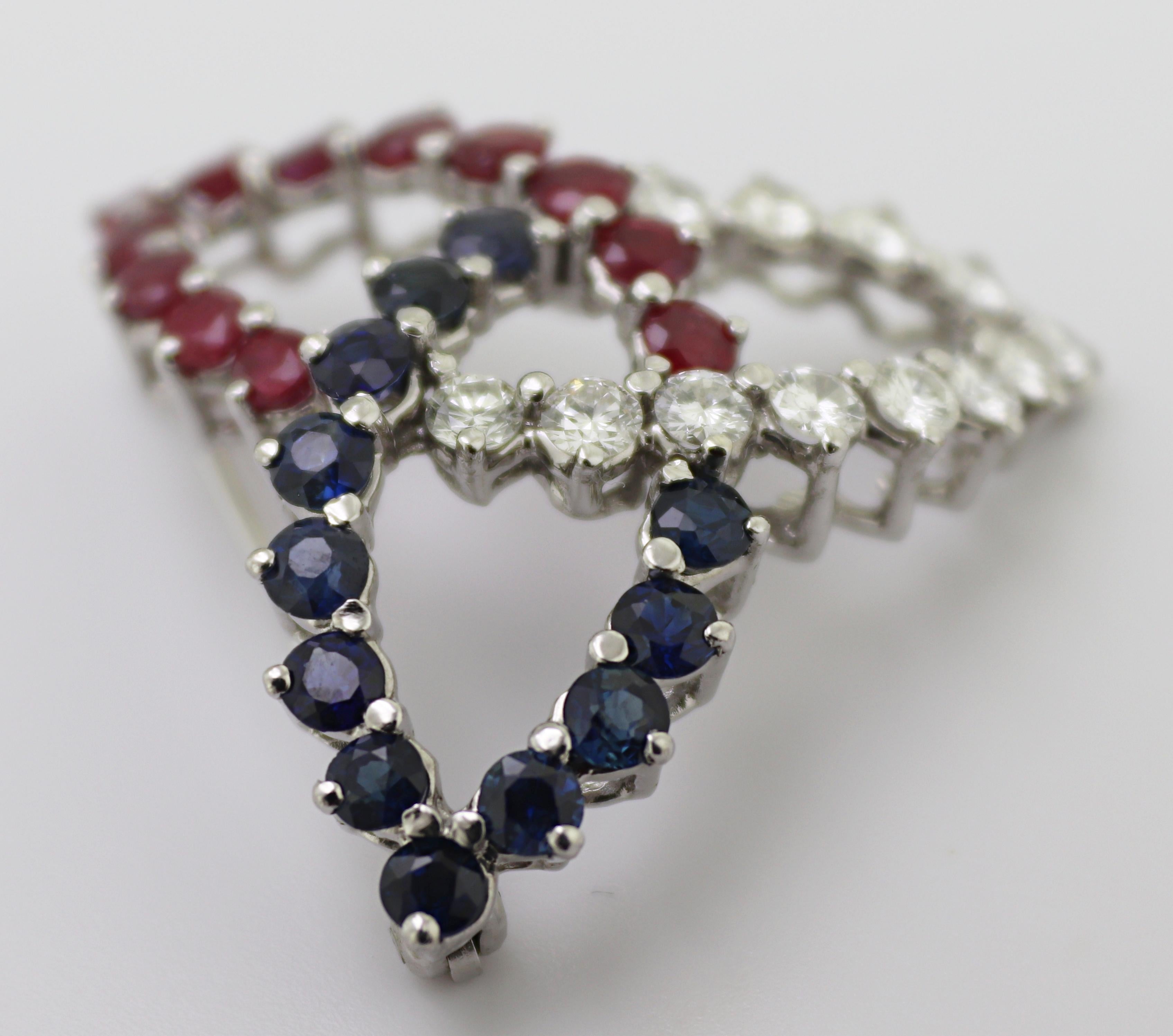 Women's or Men's Diamond, Sapphire, Ruby, 10K White Gold Trinity Knot Brooch For Sale