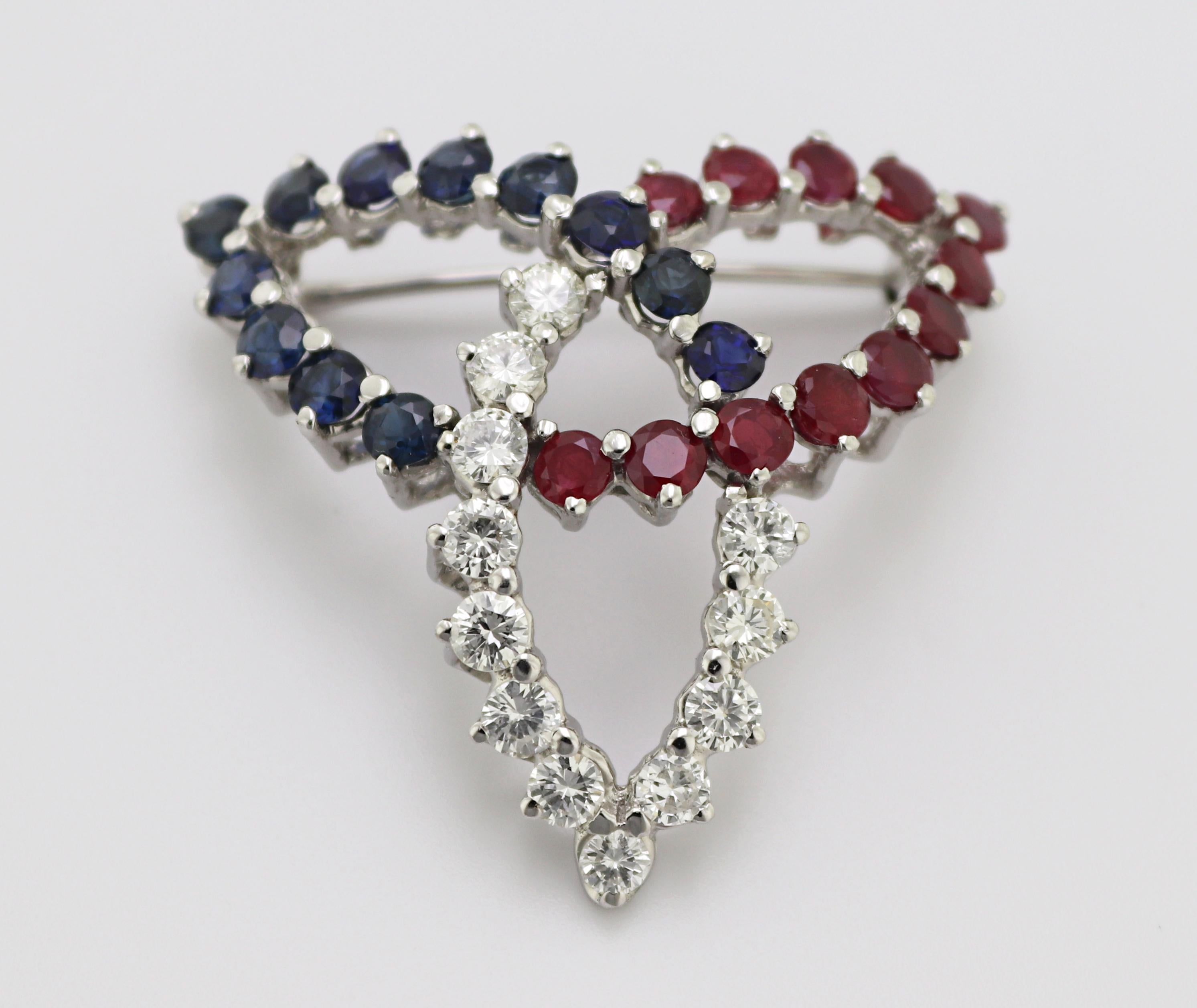 Diamond, Sapphire, Ruby, 10K White Gold Trinity Knot Brooch For Sale 2
