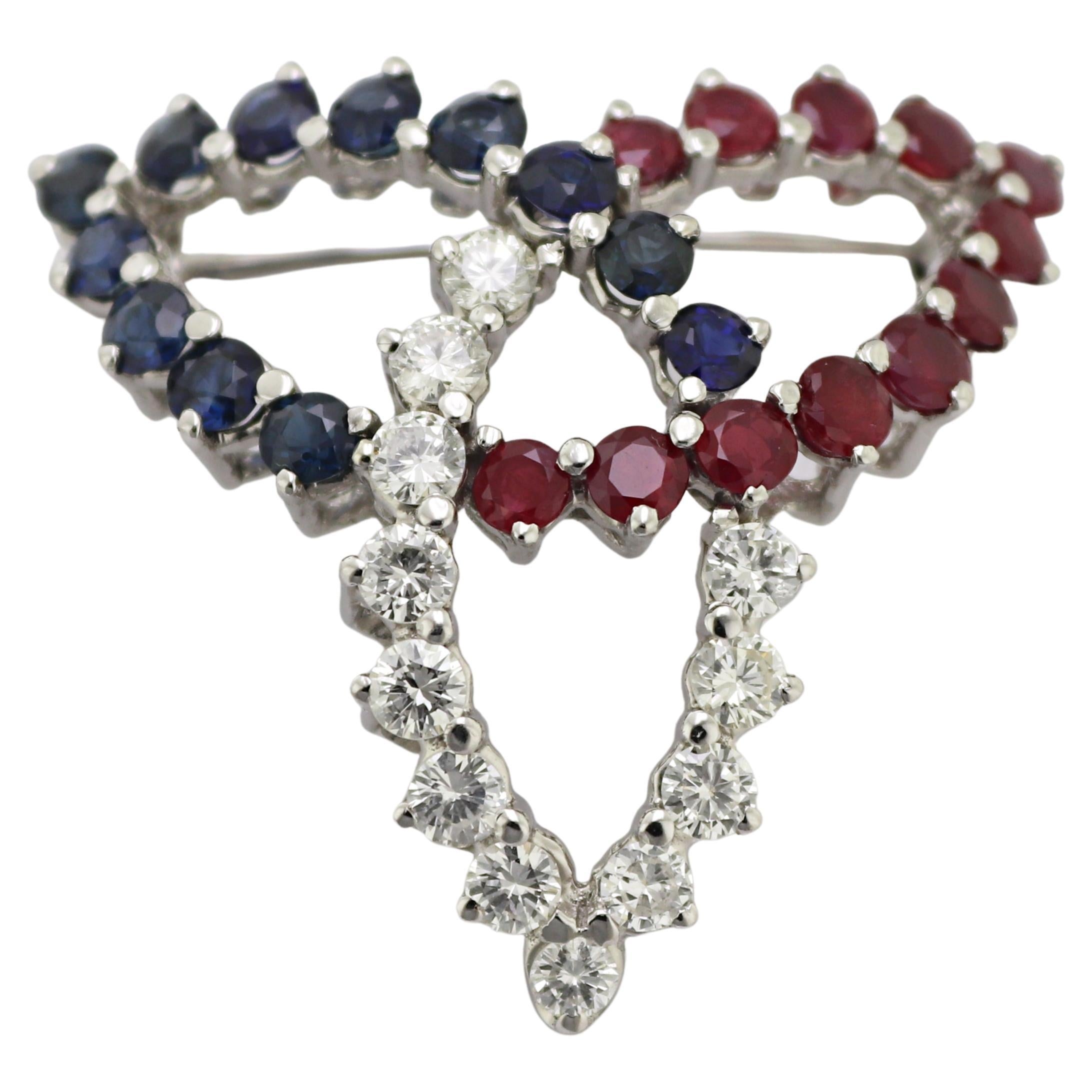 Diamond, Sapphire, Ruby, 10K White Gold Trinity Knot Brooch For Sale