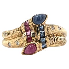 Diamond Sapphire Ruby 18 Karat Yellow Gold Double Head Snake Ring