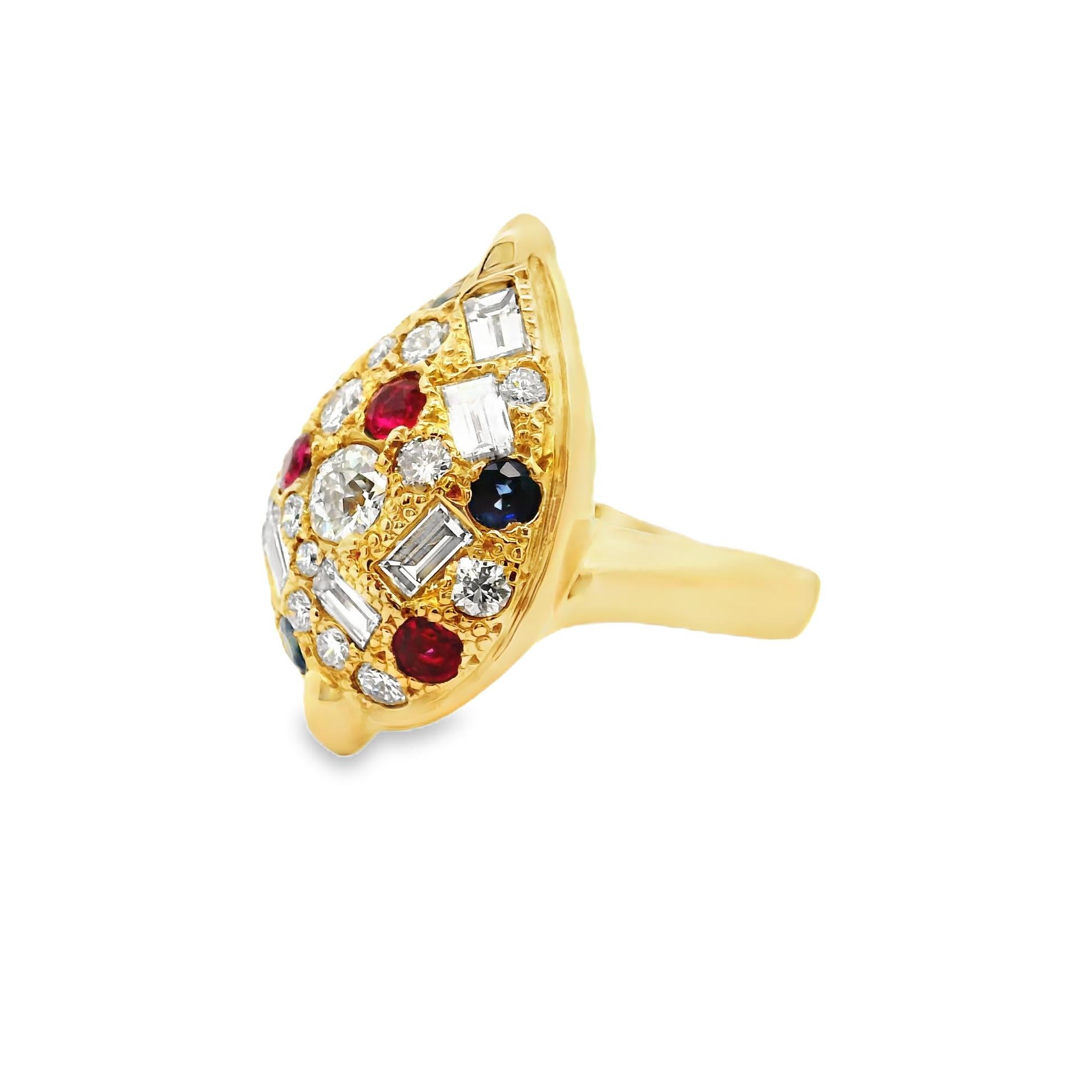 A striking and opulent ring featuring a mixed-cut diamond as the focal point, weighing 2.37 carats. The diamond's white brilliance is enhanced by a cluster of round blue sapphires, totaling 0.5 carats. Accents of vibrant rubies add a touch of color
