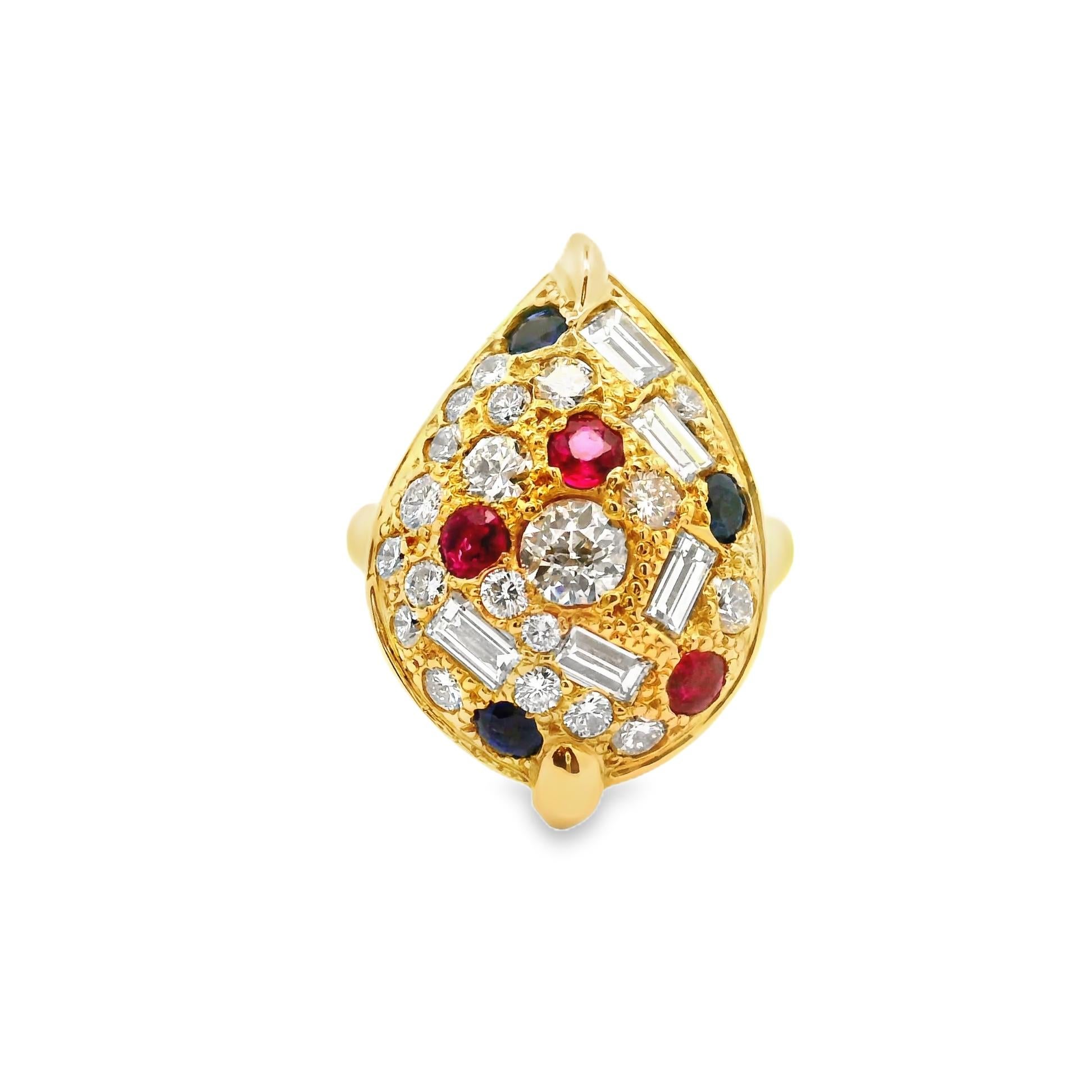Contemporary Diamond Sapphire Ruby 18k Gold Cluster Ring For Sale