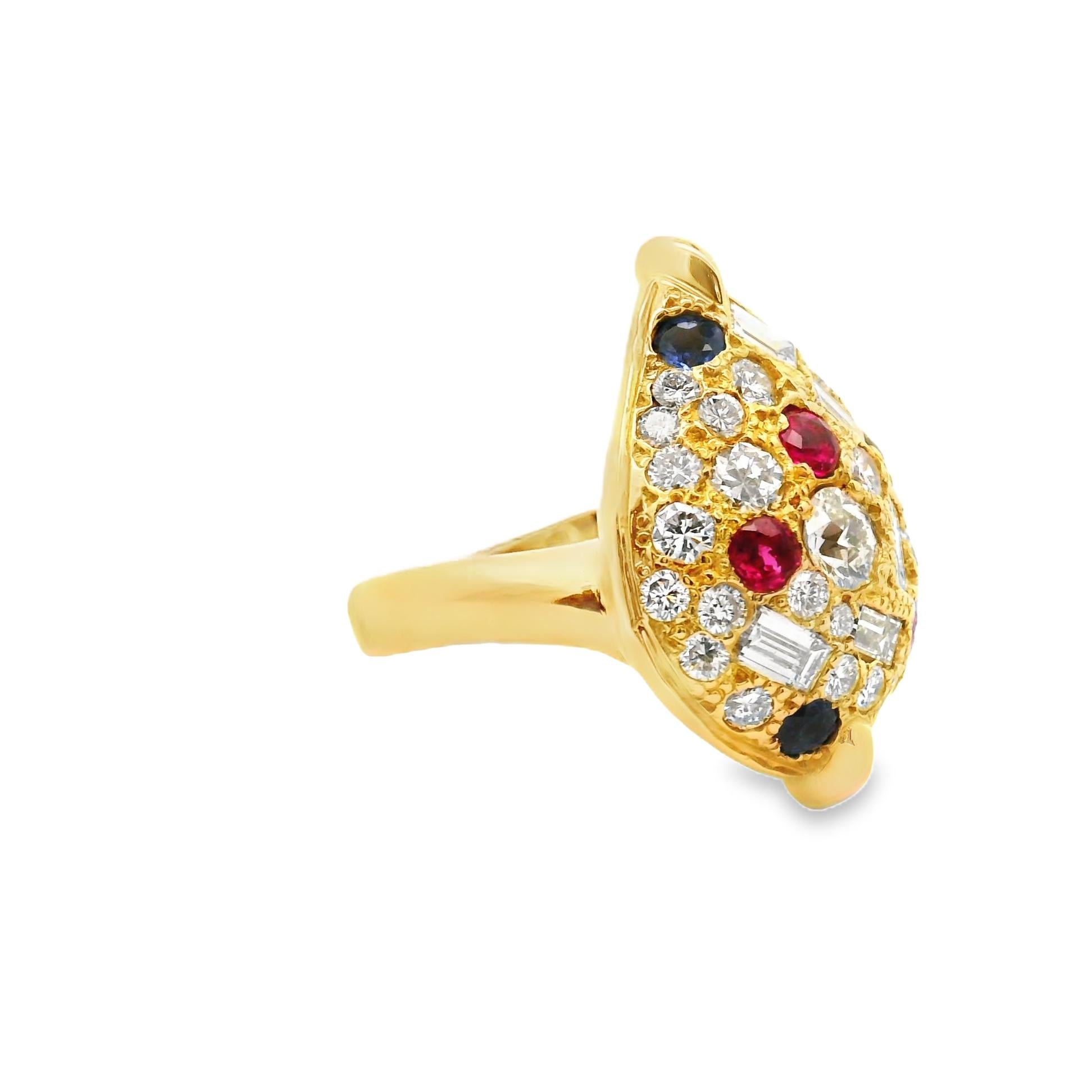 Mixed Cut Diamond Sapphire Ruby 18k Gold Cluster Ring For Sale