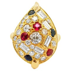 Diamond Sapphire Ruby 18k Gold Cluster Ring