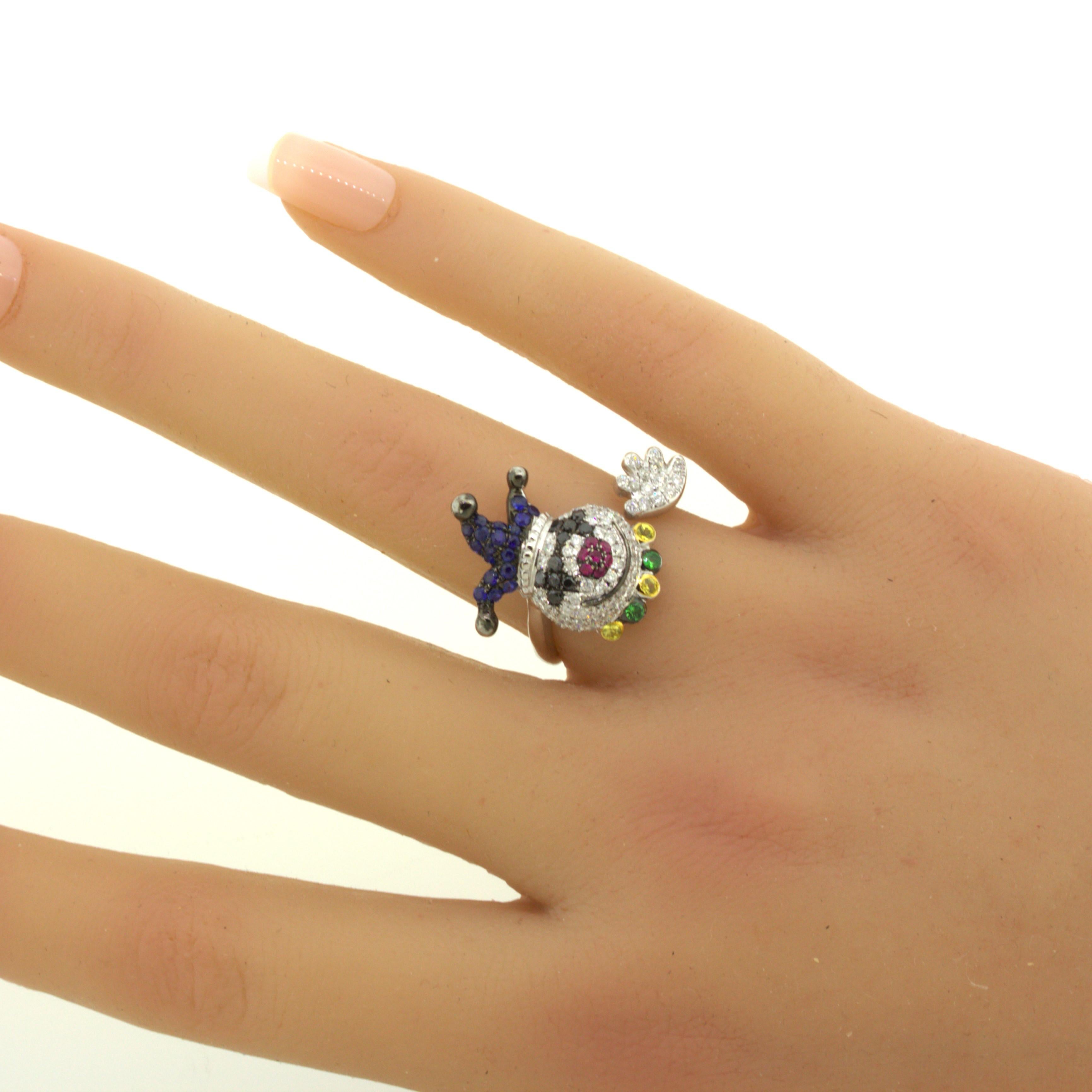 Diamond Sapphire Ruby 18K White Gold Clown Ring For Sale 3