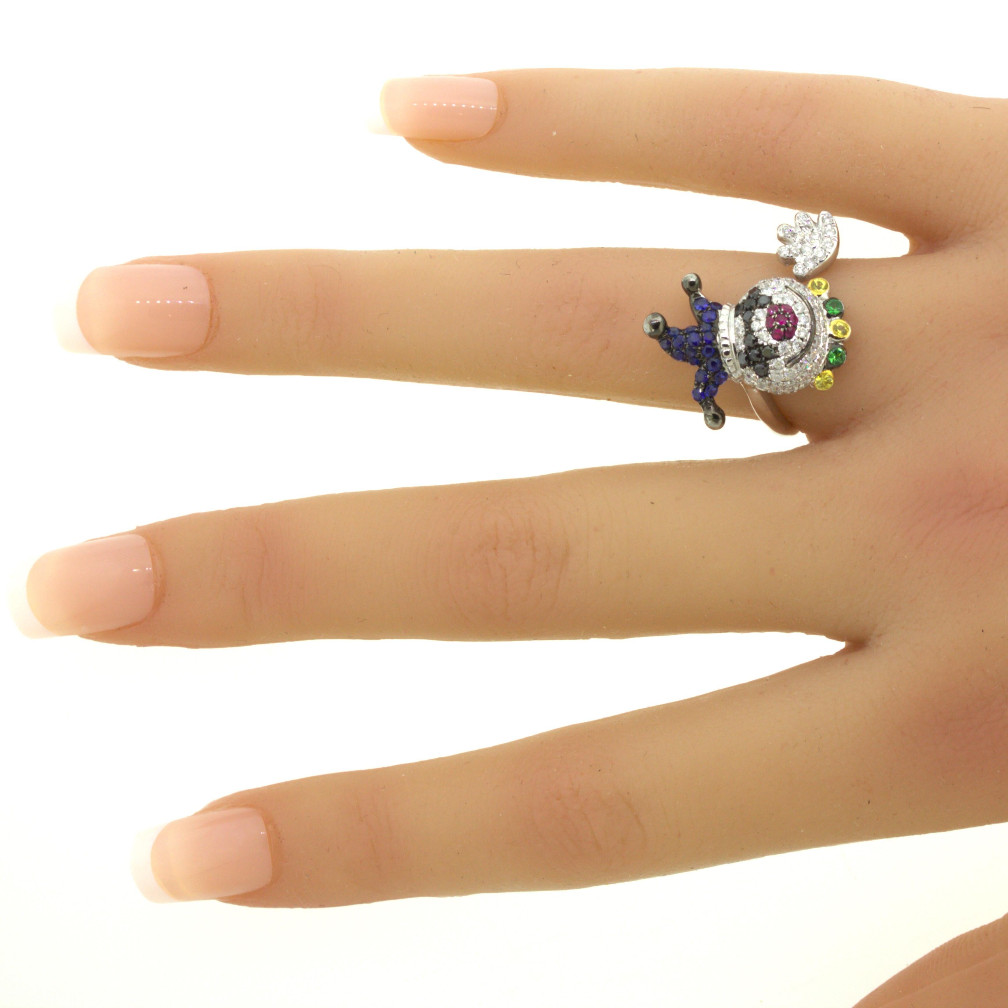Diamond Sapphire Ruby 18K White Gold Clown Ring For Sale 4