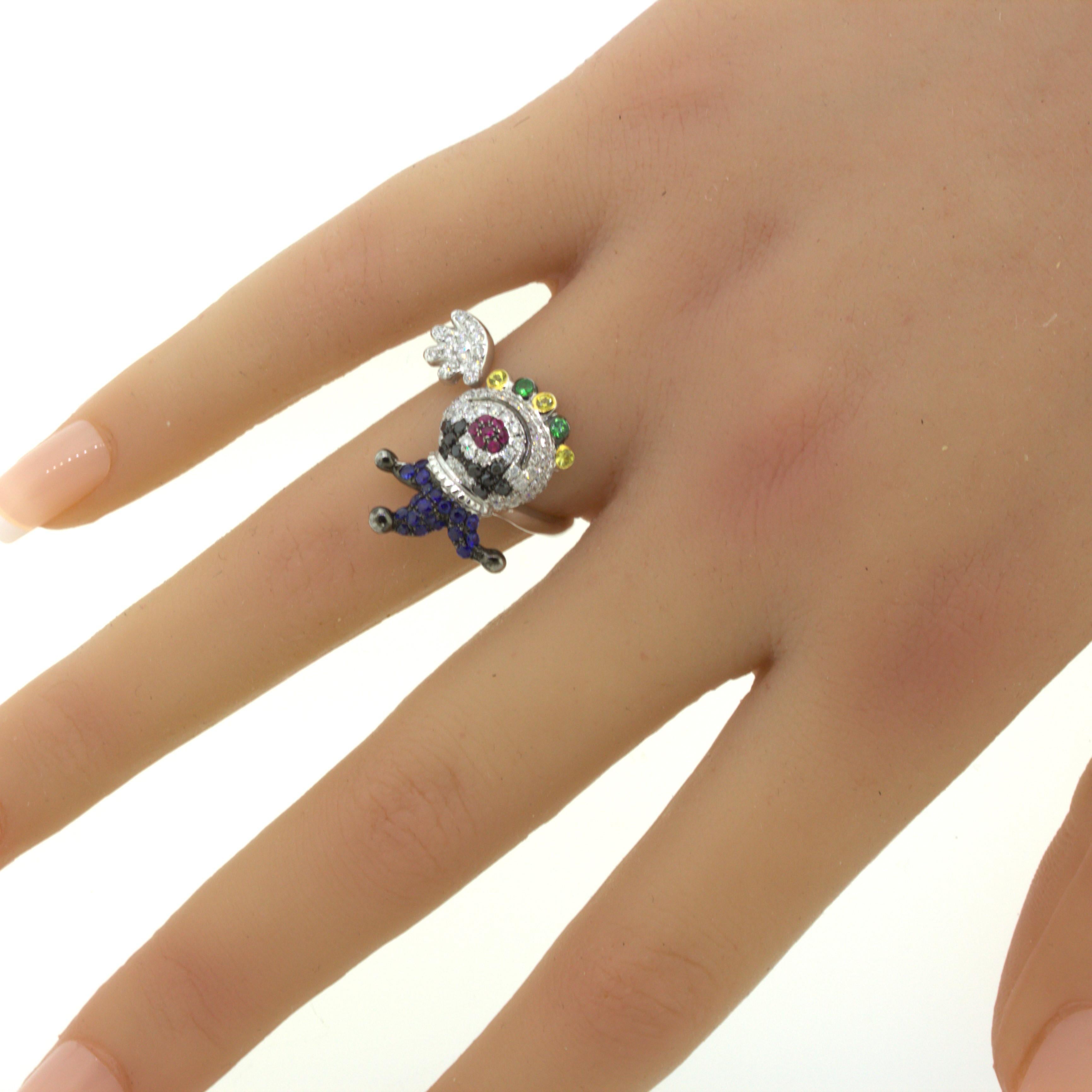 Diamond Sapphire Ruby 18K White Gold Clown Ring For Sale 5