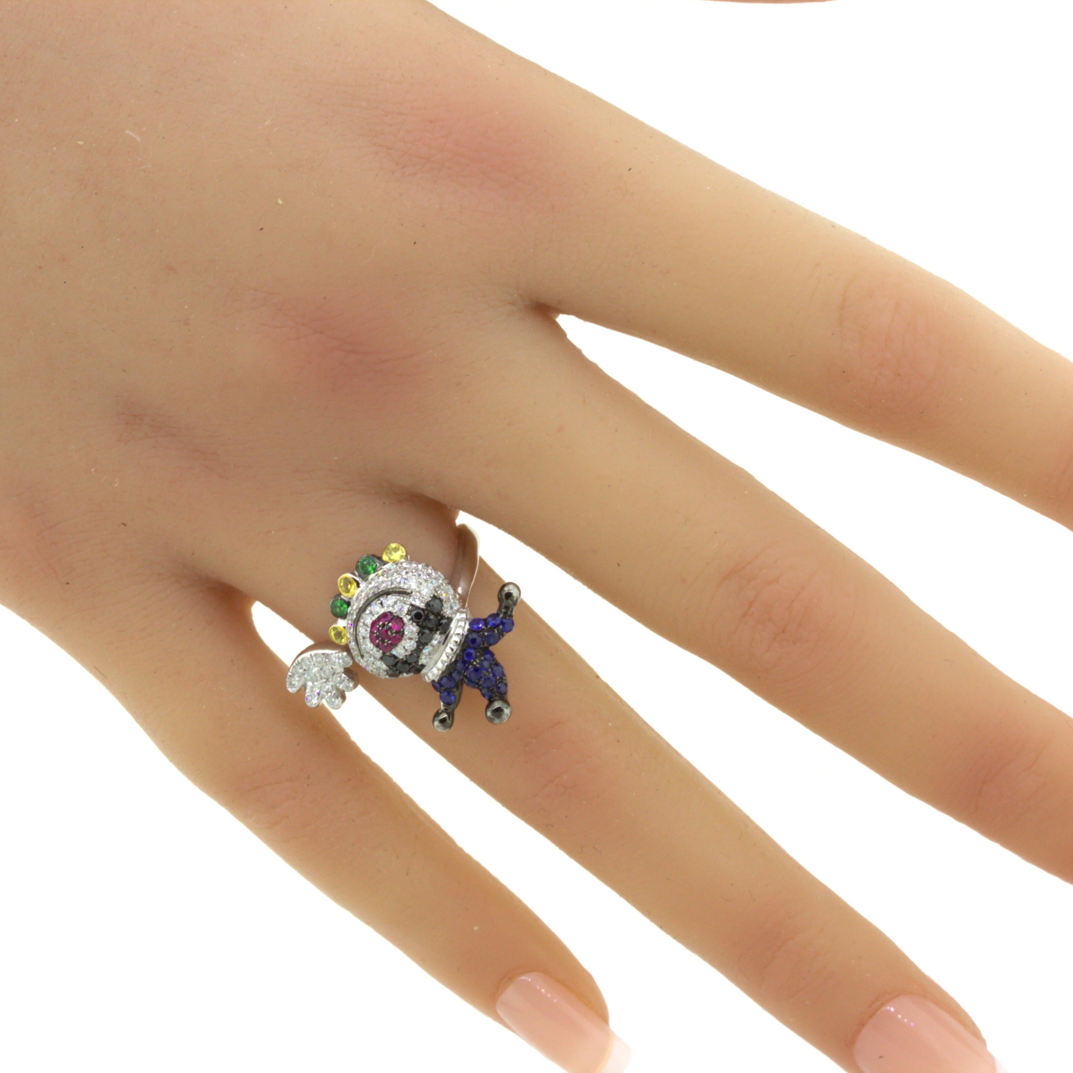 Diamond Sapphire Ruby 18K White Gold Clown Ring For Sale 6