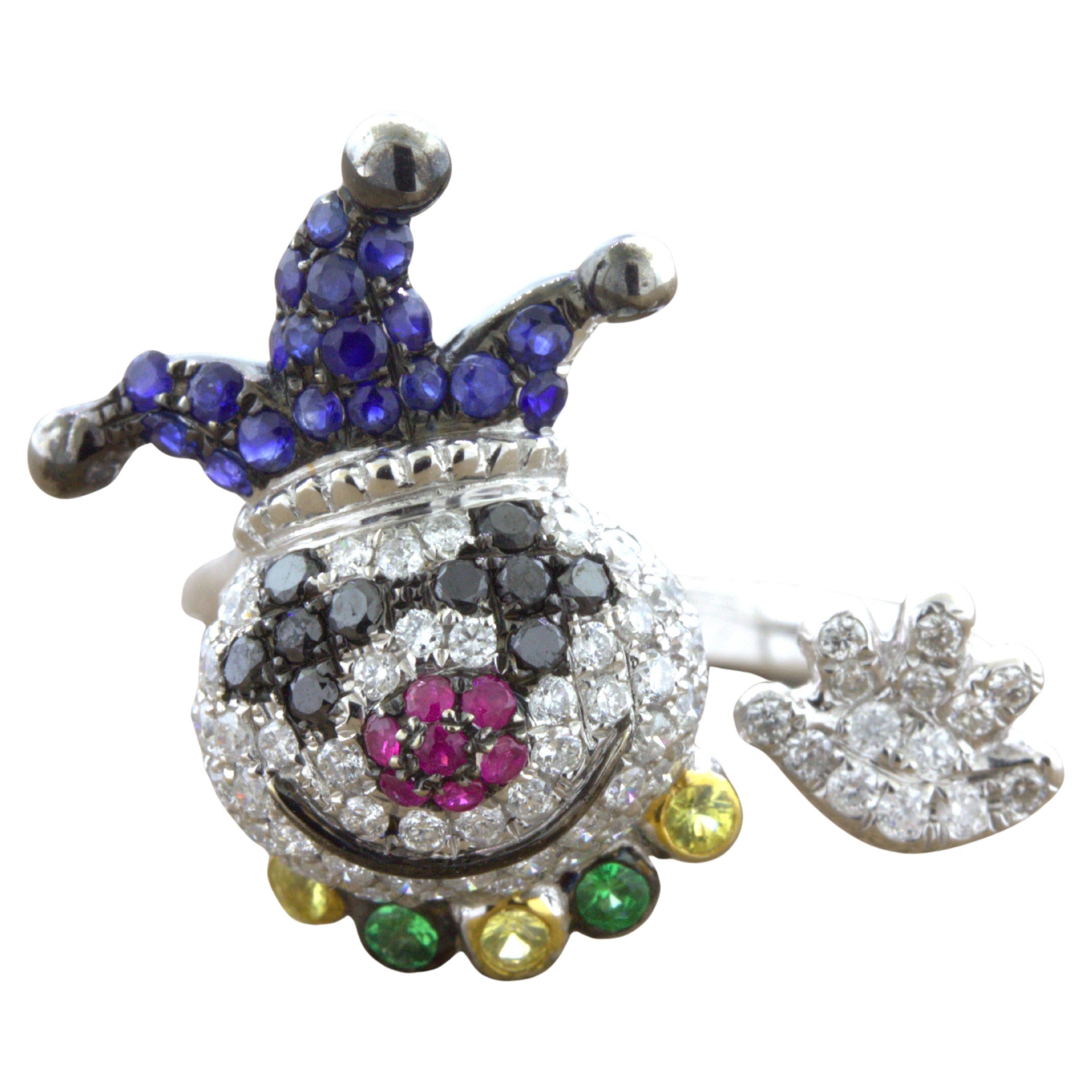 Diamond Sapphire Ruby 18K White Gold Clown Ring For Sale