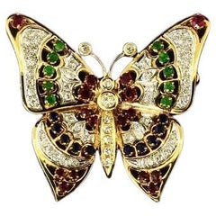 Diamond, Sapphire, Ruby and Emerald Large Vintage Gold Butterfly Pin/Pendant