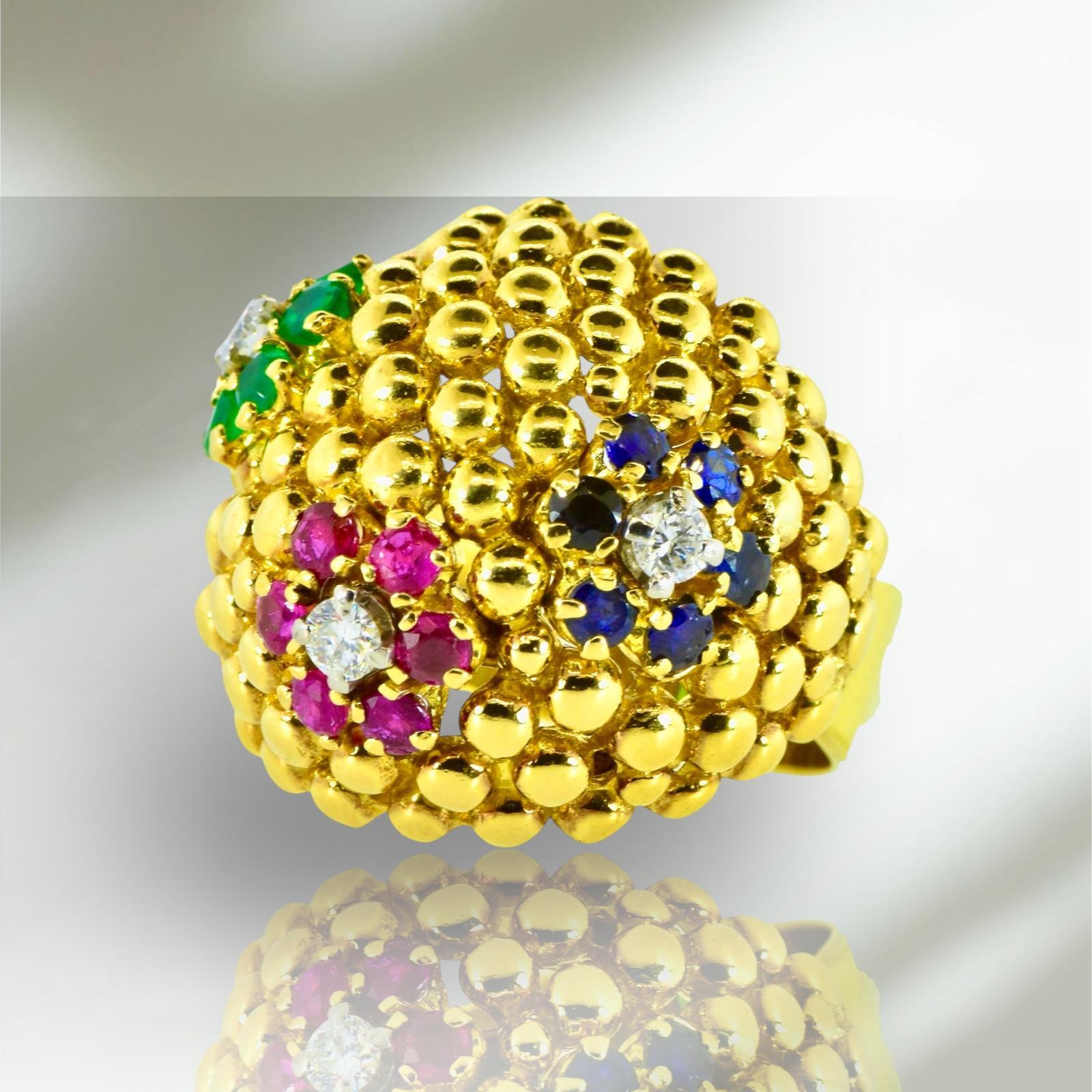 Diamond, Sapphire, Ruby and Emerald Vintage Bold 18K Ring, C. 1960 For Sale 1